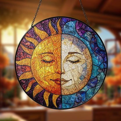 Netecom Sun & Moon Stained Glass Ornament – Custom Celestial Sun Catcher, Personalized Window Hanging, Spiritual Gift