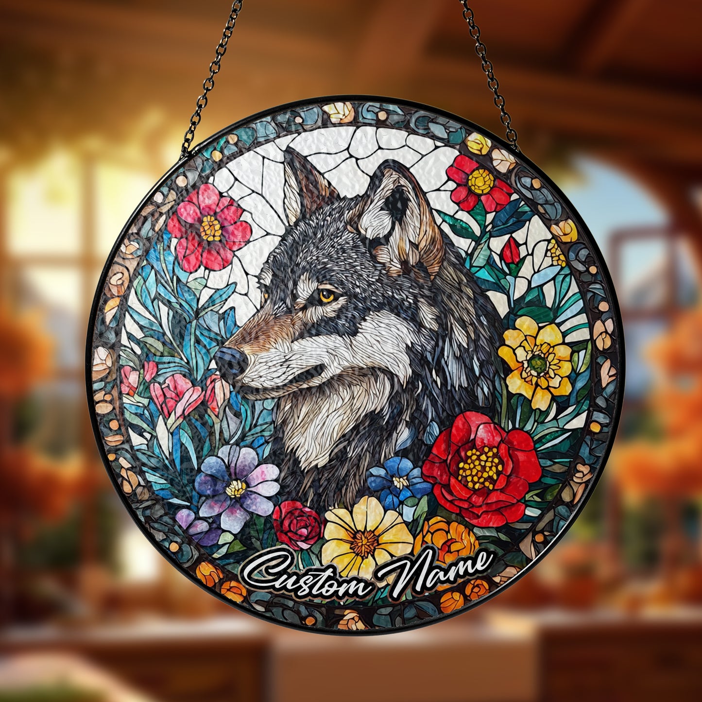 Netecom Custom Wolf Stained Glass Ornament, Personalized Memorial Suncatcher, Pet Loss Sympathy Gift, Christmas Decoration