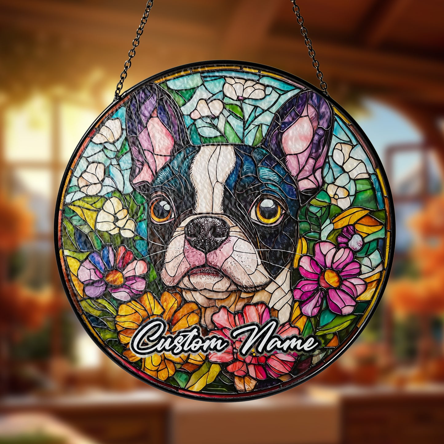 Netecom Custom Boston Terrier Memorial Ornament, Personalized Stained Glass Suncatcher, Pet Loss Remembrance Gift, Christmas Decoration