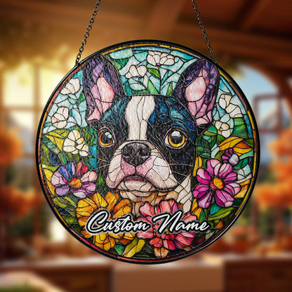 Netecom Custom Boston Terrier Memorial Ornament, Personalized Stained Glass Suncatcher, Pet Loss Remembrance Gift, Christmas Decoration