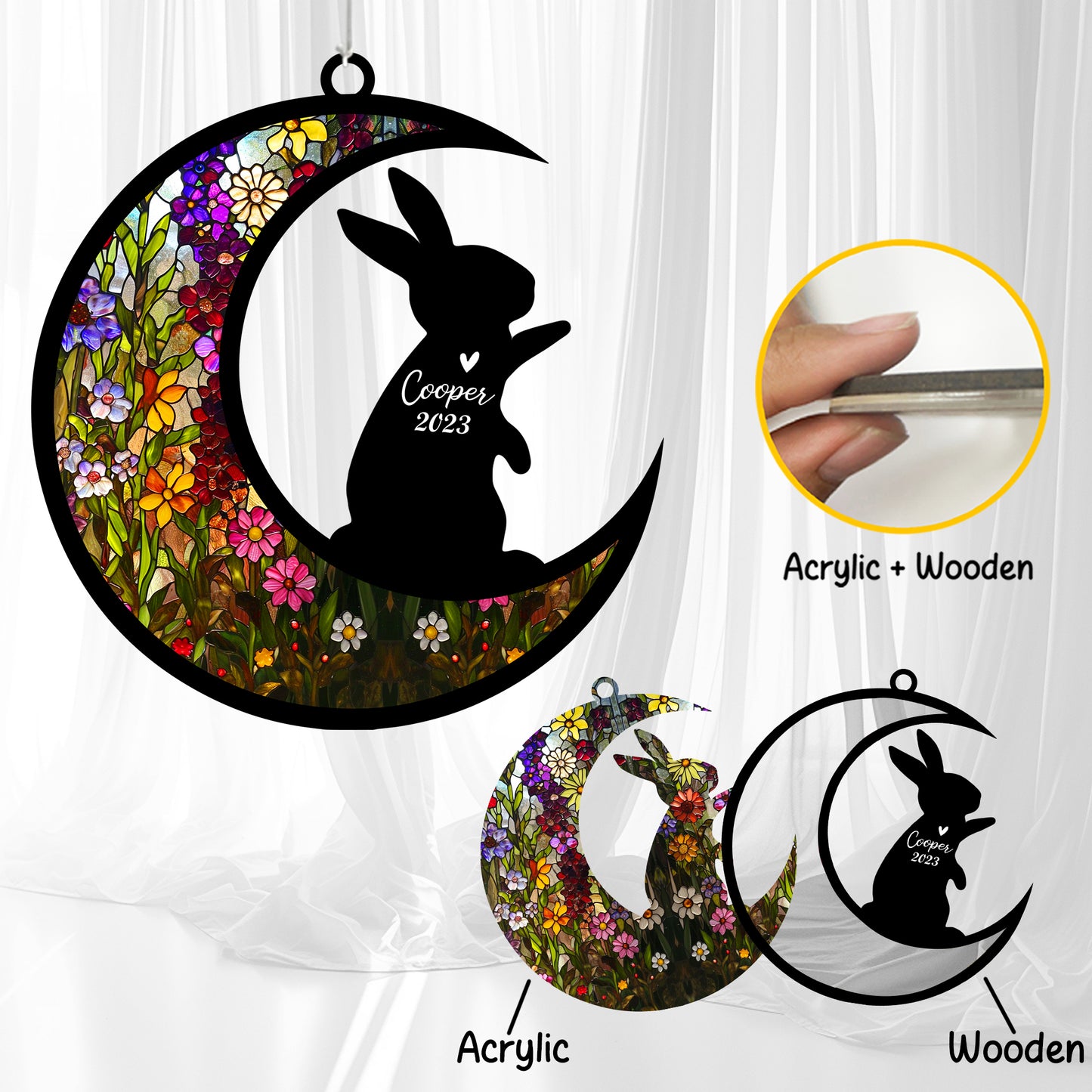 Netecom Rabbit Wind Chimes Memorial, Personalized Pet Memorial Windchime for Bunny Suncatcher, Loss of Pet Remembrance Gift, Sympathy Wind Chimes Outside Garden Decor, Rabbit Passing Away Gifts