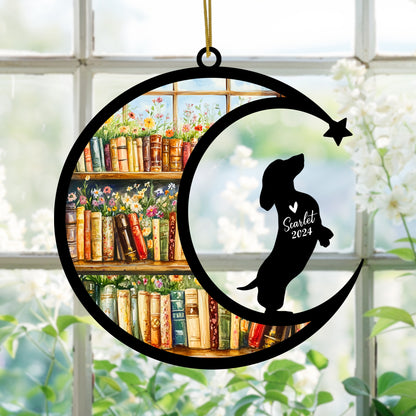 Netecom Personalized Dachshund Suncatcher for Windows Hanging, Custom Wiener Dog Sun Catcher Ornament with Name Date, Unique Gifts for Book Lovers, Reader Teacher Librarian Bookworm