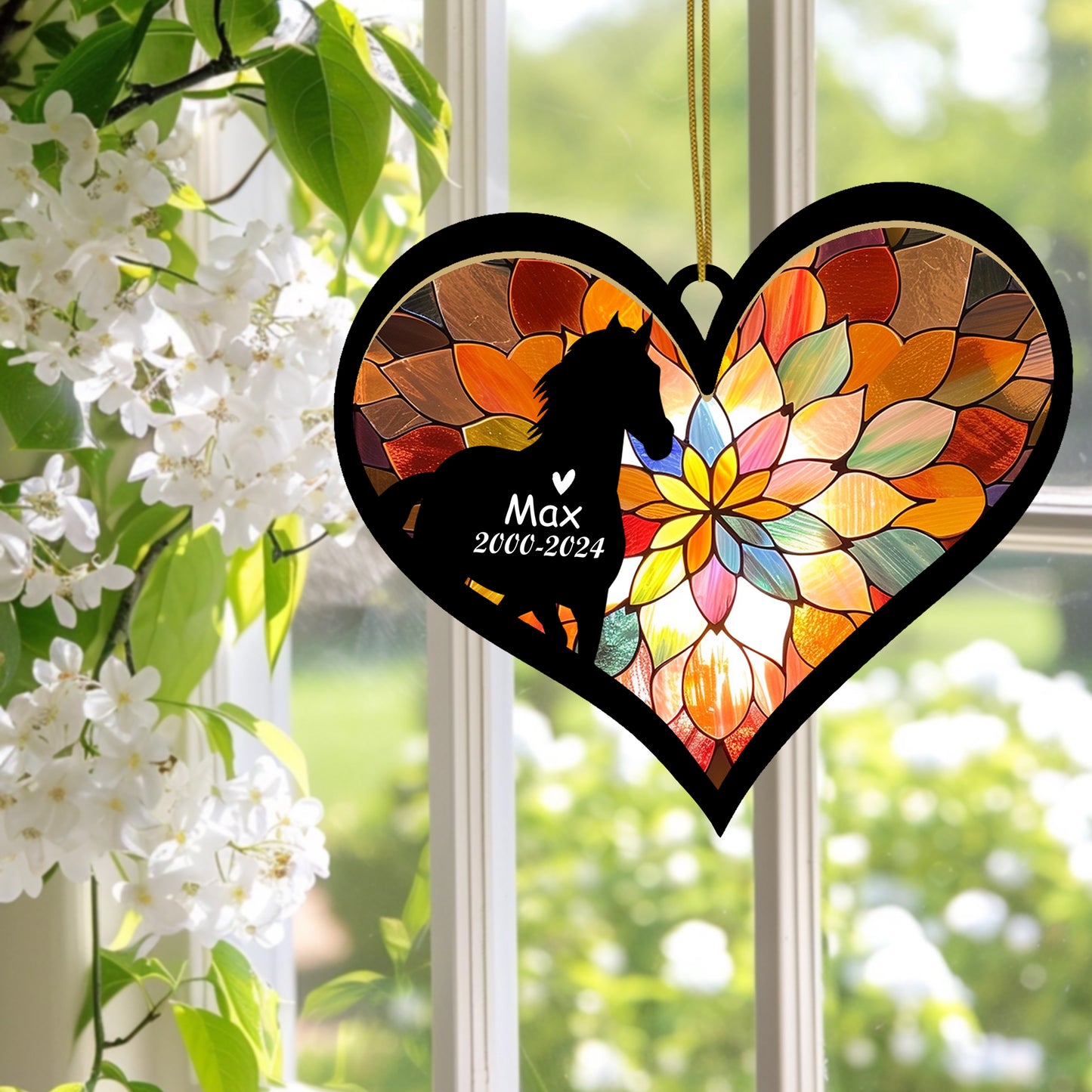 Netecom Personalized Horse Memorial Suncatcher, Pet Ornament with Name Date, Pet Loss Sympathy Gift, Remembrance Keepsake, Bereavement Gift for Horse Lovers, Heart Suncatcher