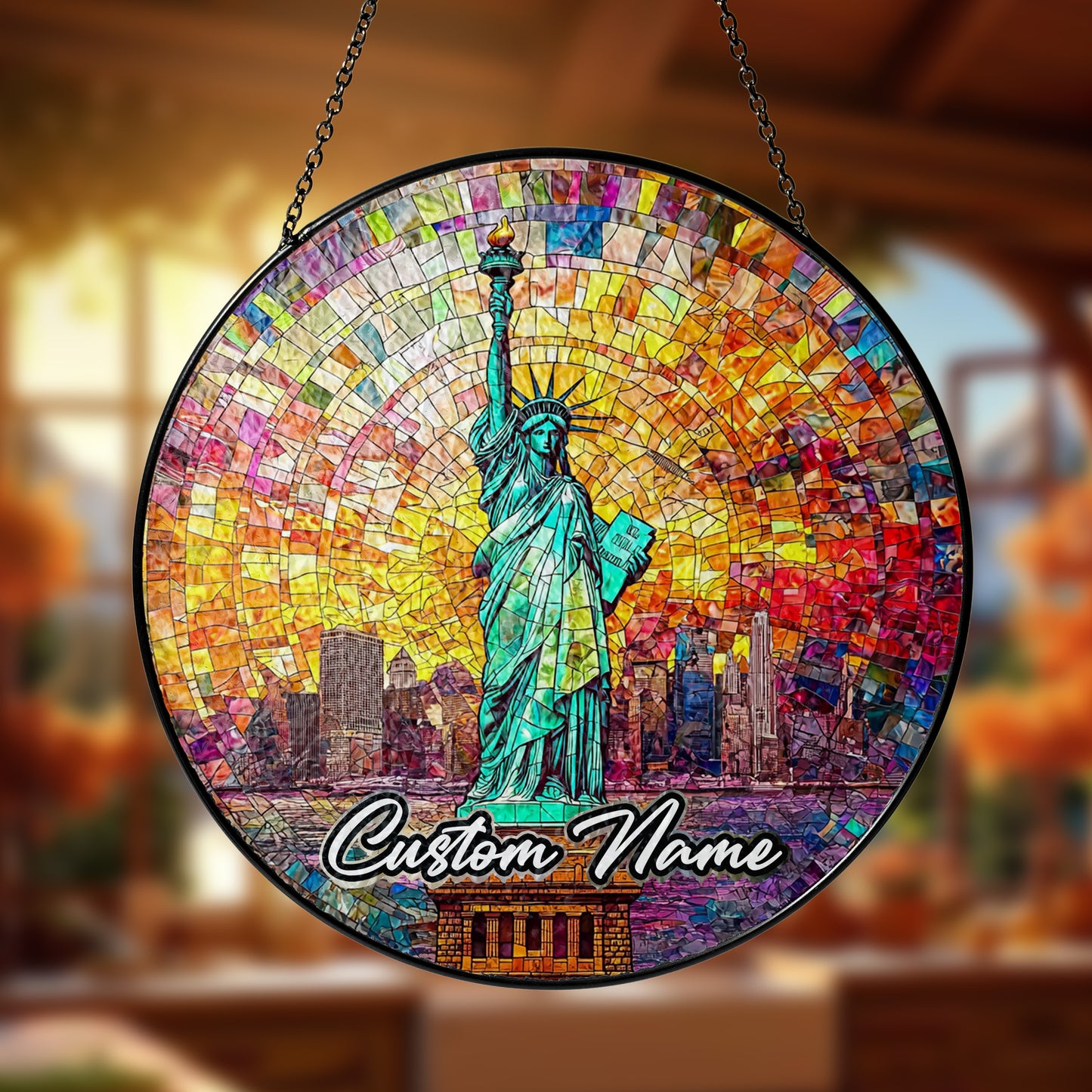 Netecom Personalized America Stained Glass Sun Catcher – Statue of Liberty Ornament, Patriotic Home & Office Décor Gift