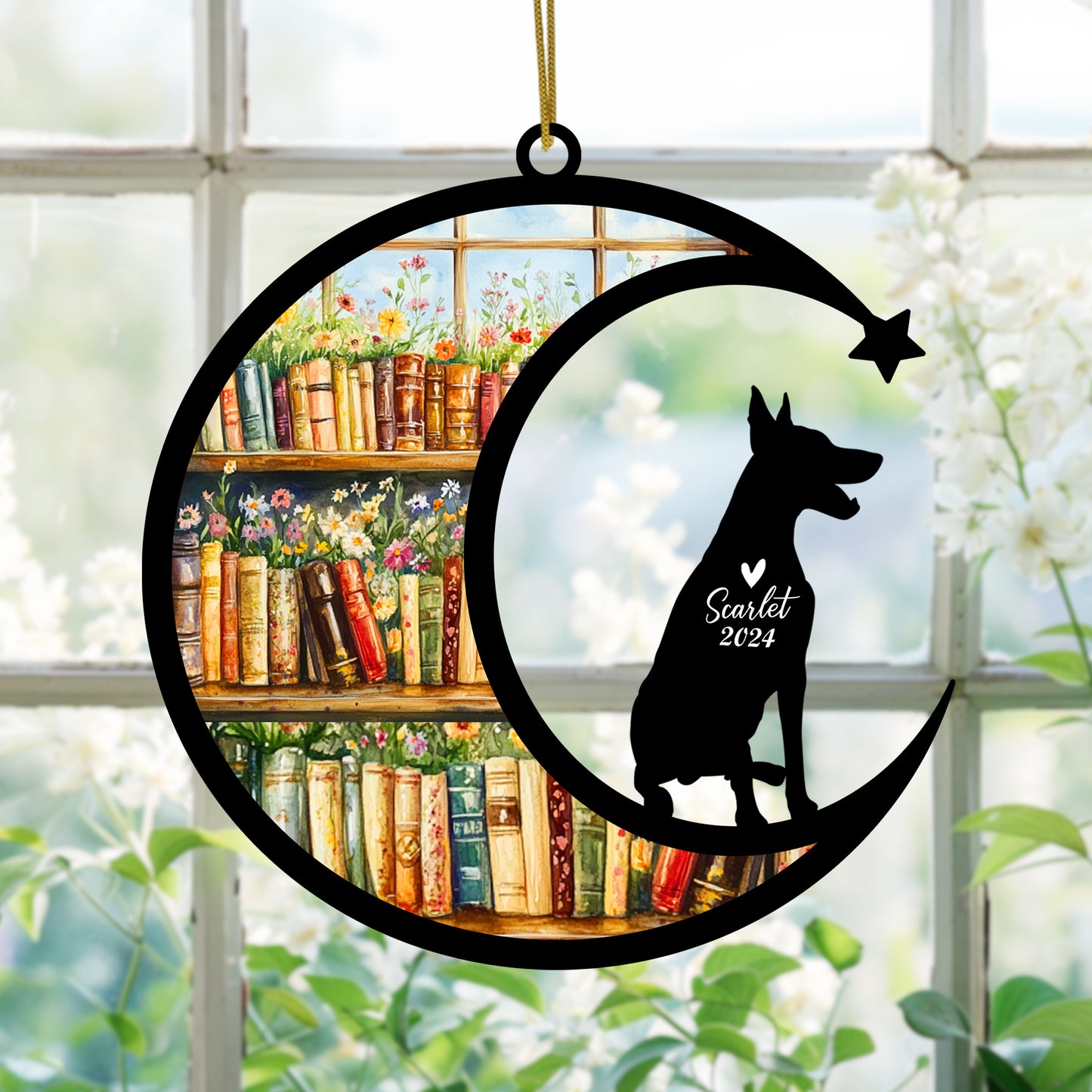 Netecom Personalized Doberman Suncatcher for Windows Hanging, Custom Dobie Dog Sun Catcher Ornament with Name Date, Unique Gifts for Book Lovers, Reader Teacher Librarian Bookworm