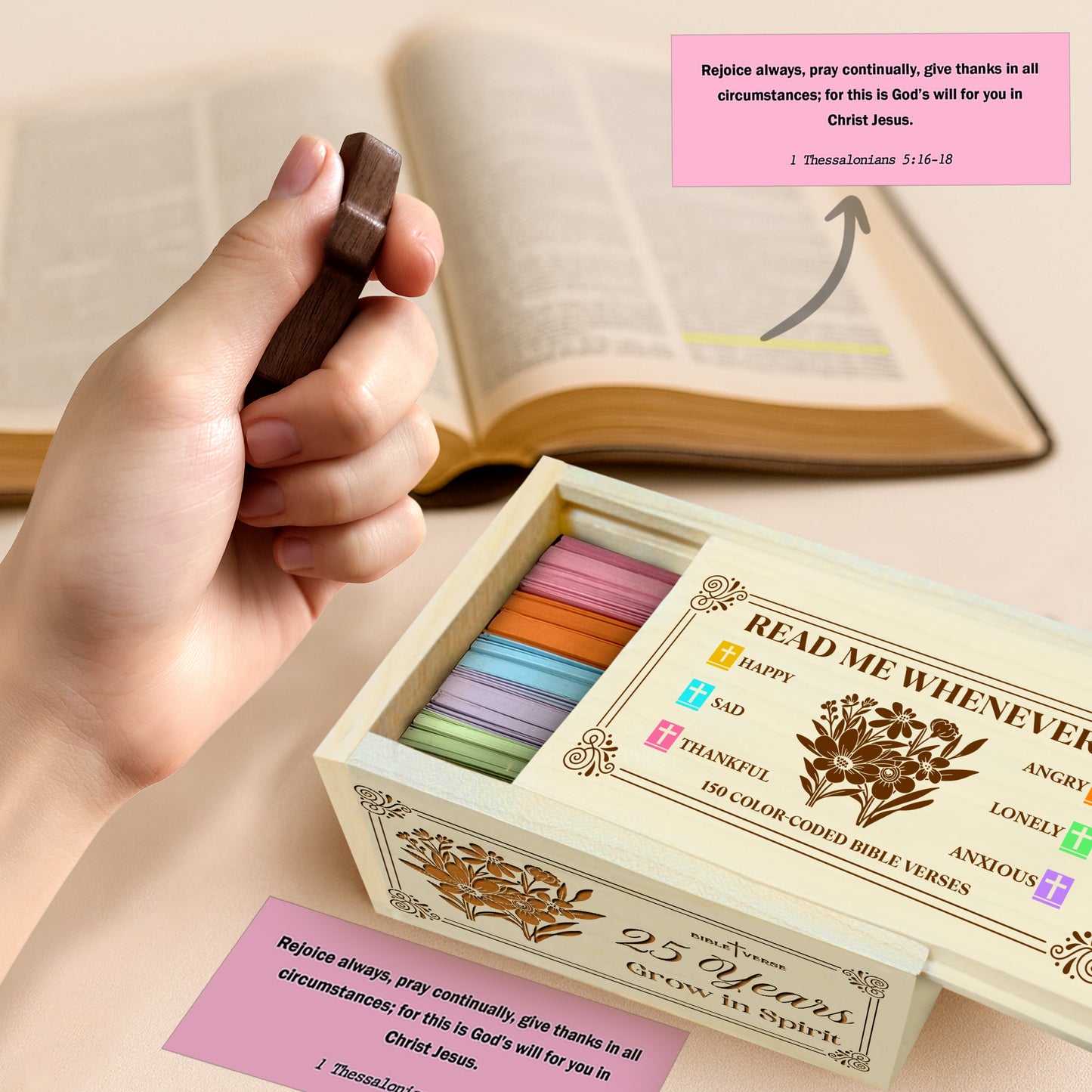 Netecom Personalized Bible Verse Box for 25 Years Birthday, Custom Name & Age, Engraved Wood Scripture Box with Pocket Cross, 150 Daily Bible Verse Cards, Christian Birthday Gift