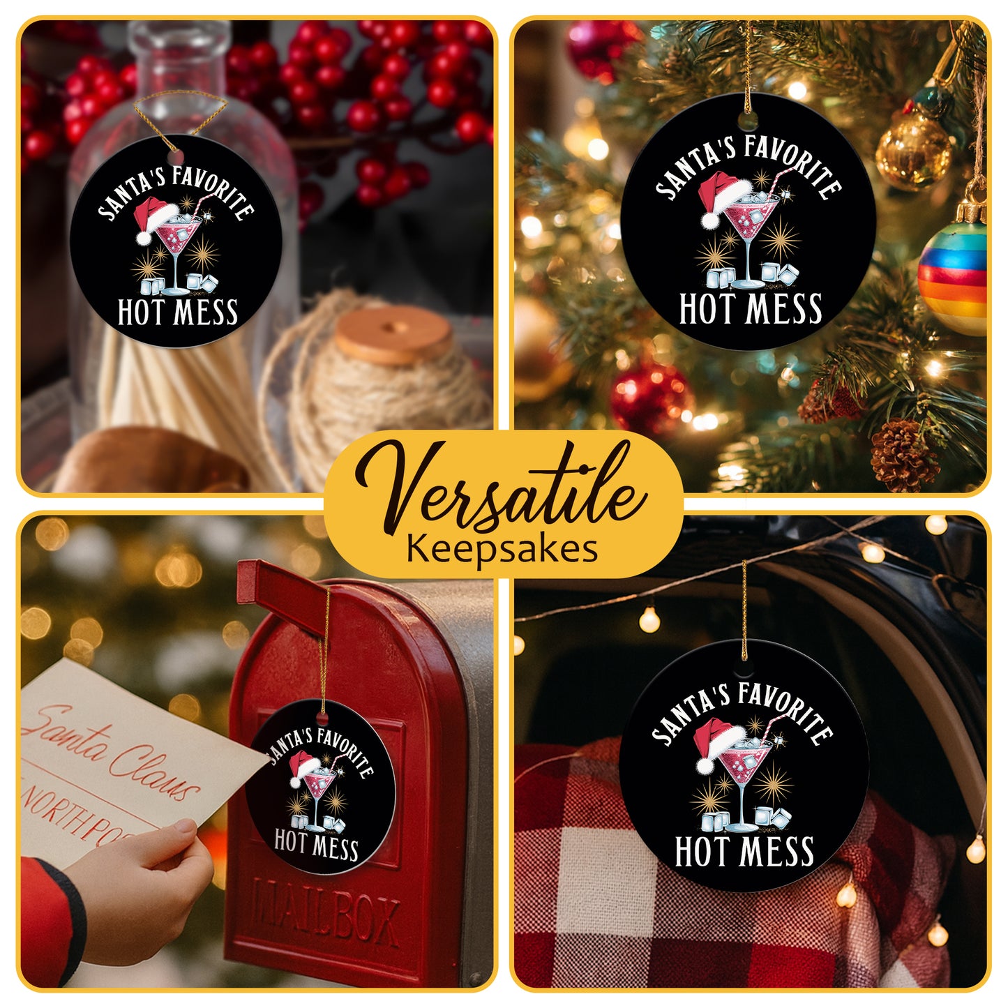 Netecom Funny Cocktail with Santa Hat Christmas Ornament, Santa's Favorite Hot Mess Ceramic Ornament for Xmas Tree Hanging Decorations Gift, Gifts for Friends & Family, Holiday Party Present