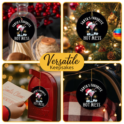 Netecom Funny Cocktail with Santa Hat Christmas Ornament, Santa's Favorite Hot Mess Ceramic Ornament for Xmas Tree Hanging Decorations Gift, Gifts for Friends & Family, Holiday Party Present