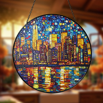 Netecom City Nightscape Stained Glass Ornament – Custom Urban Sun Catcher, Night City Lights Home Decor