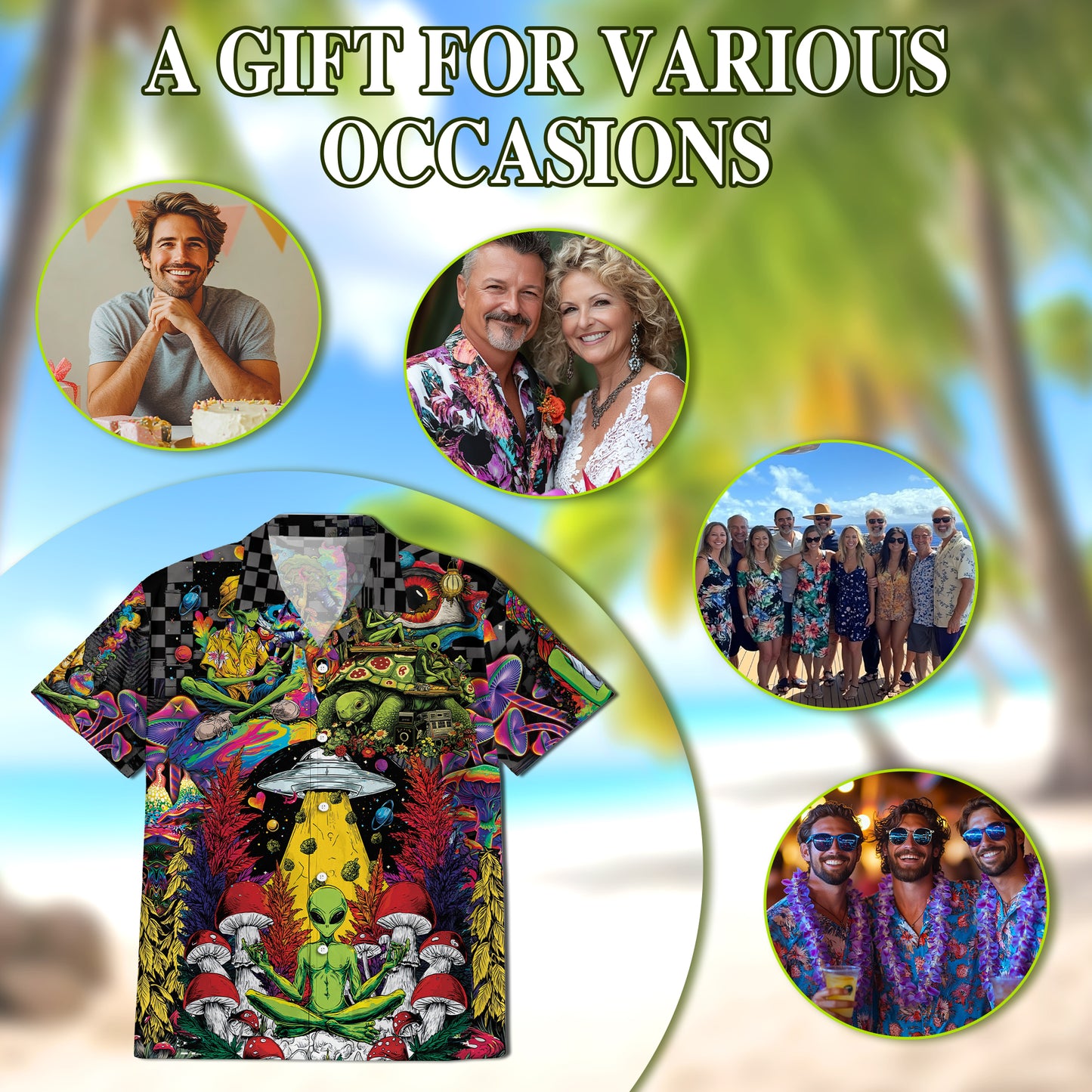 Netecom Hippie Mushroom Alien Hawaiian Shirt for Men Women, Tropical Button Down Summer Beach Short Sleeve Shirts