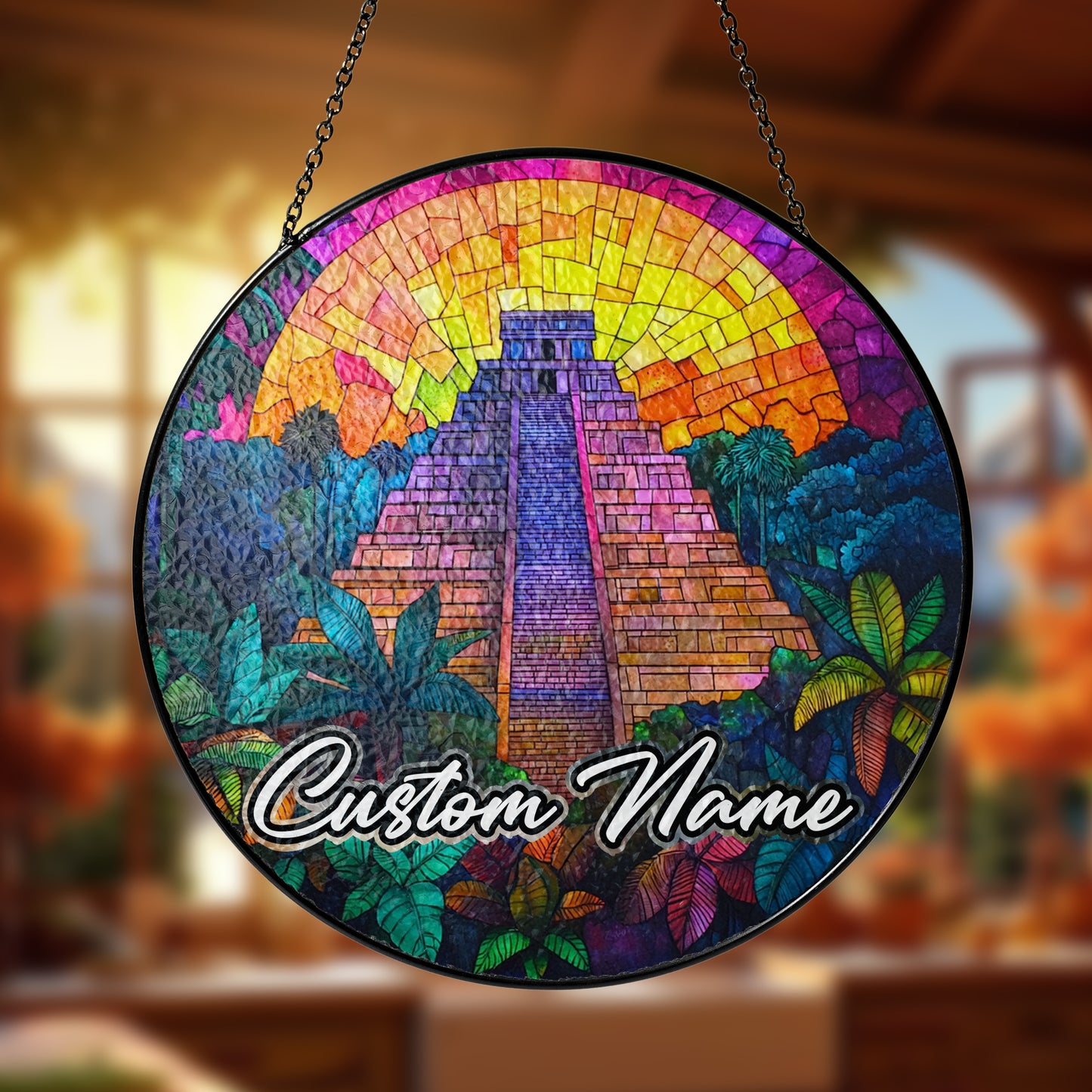 Netecom Personalized Mexico Landmark Stained Glass Suncatcher – Mayan Pyramid Ornament, Unique Cultural Decor & Travel Gift for Home or Souvenir