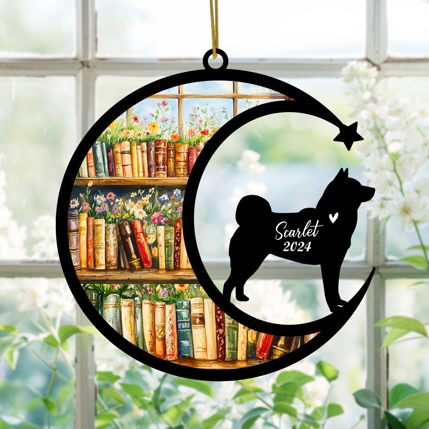 Netecom Personalized Akita Suncatcher for Windows Hanging, Custom Dog Sun Catcher Ornament with Name Date, Unique Gifts for Book Lovers, Reader Teacher Librarian Bookworm
