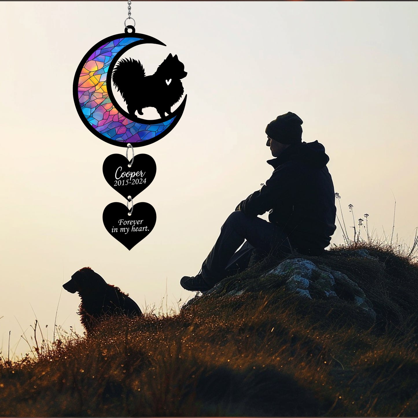 Netecom Personalized Pomeranian Moon Heart Memorial Suncatcher – Dog Loss Sympathy Gift, Pet Remembrance Keepsake