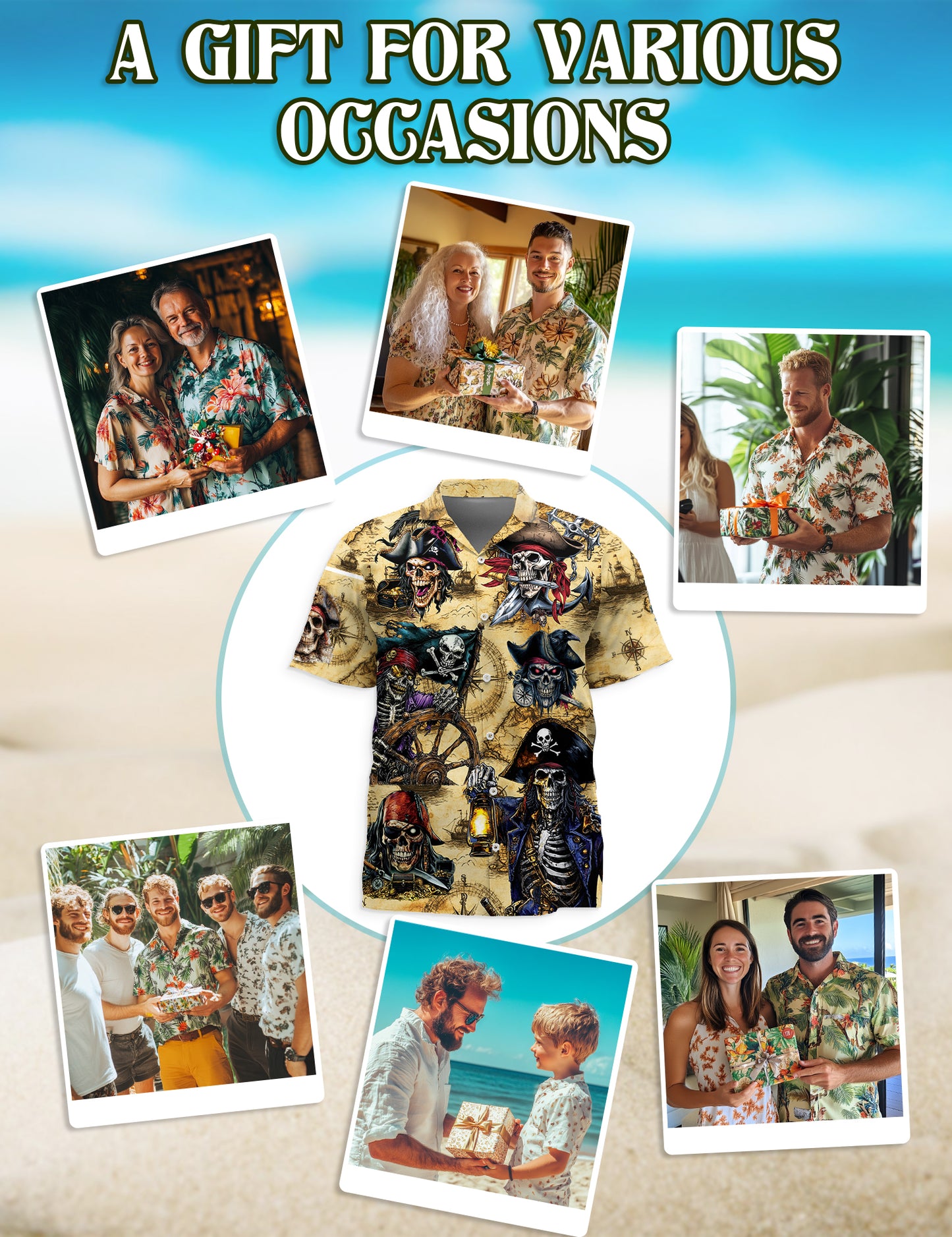 Netecom Pirate Skull Treasure Hawaiian Shirt for Men, Mysterious Pirate Button Down Summer Beach Short Sleeve Shirts