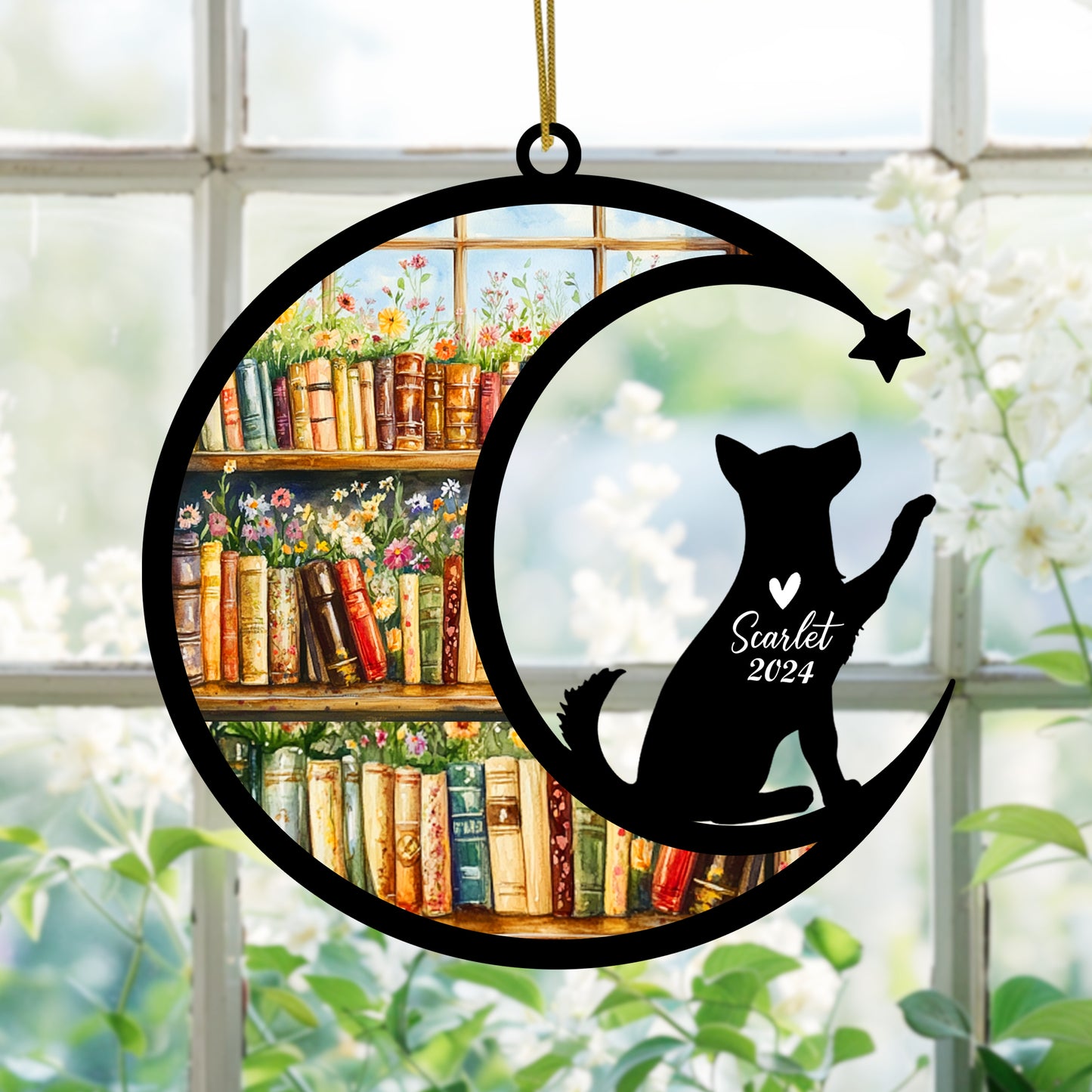 Netecom Personalized Husky Suncatcher for Windows Hanging, Custom Dog Sun Catcher Ornament with Name Date, Unique Gifts for Book Lovers, Reader Teacher Librarian Bookworm