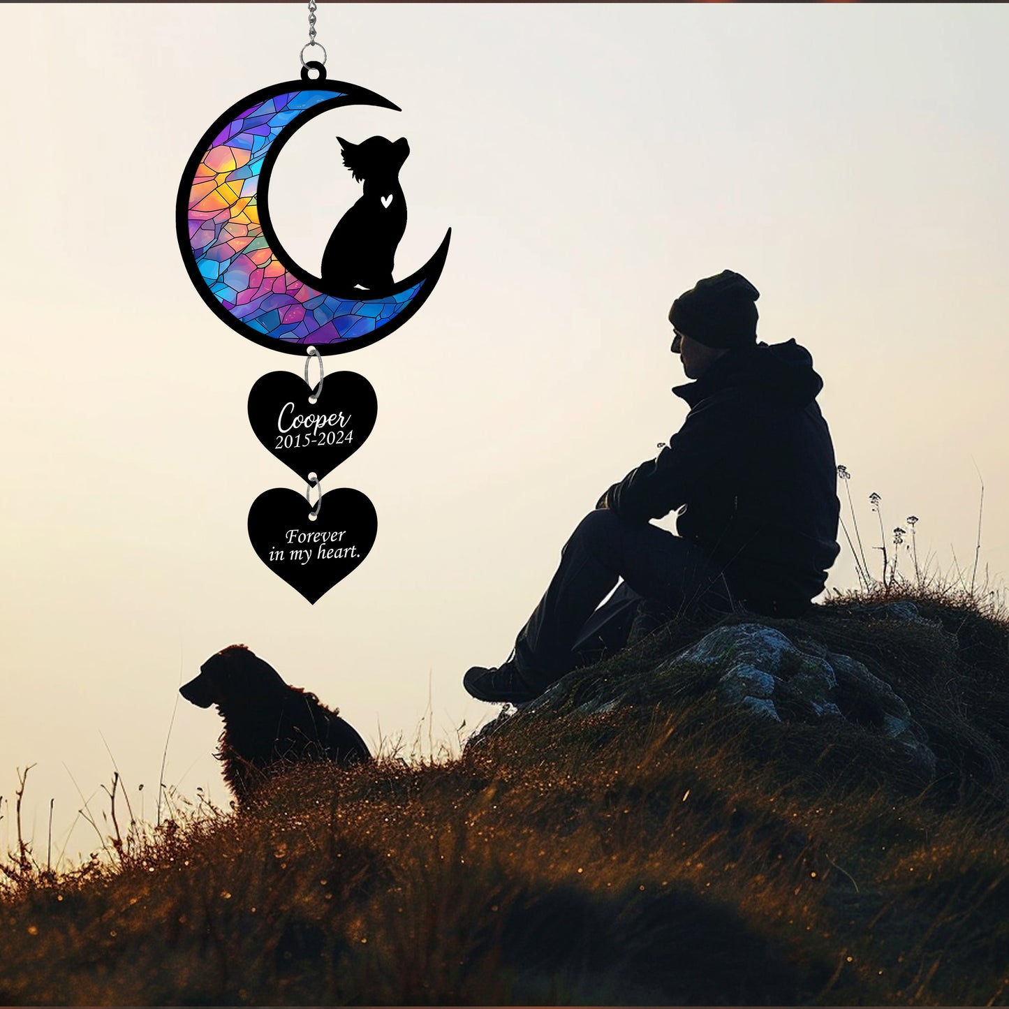 Netecom Personalized Chihuahua Moon Heart Memorial Suncatcher – Pet Loss Sympathy Gift, Dog Remembrance Ornament