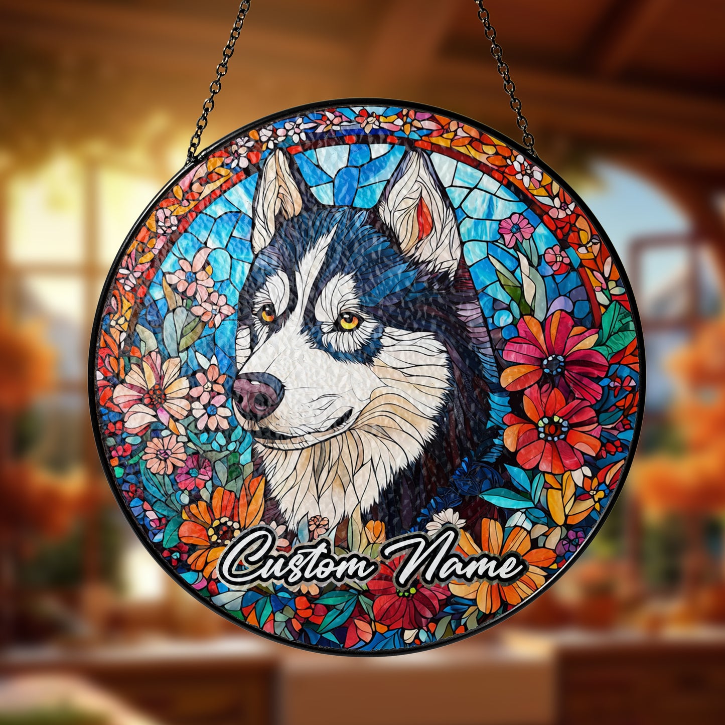 Netecom Custom Husky Dog Stained Glass Ornament, Personalized Memorial Suncatcher, Pet Loss Sympathy Gift, Christmas Decoration