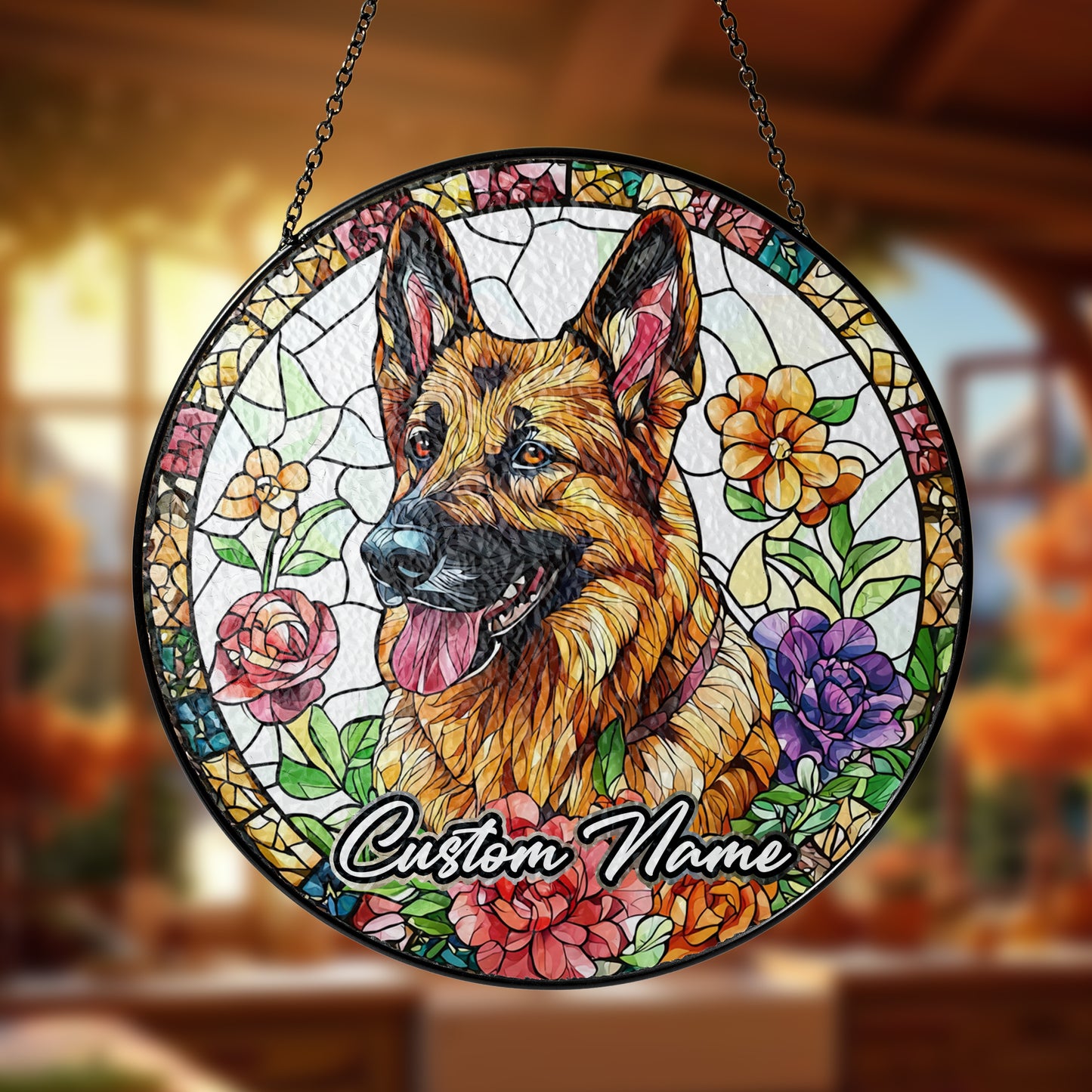 Netecom Custom German Shepherd Stained Glass Ornament, Personalized Pet Memorial Suncatcher, Pet Loss Sympathy Gift, Christmas Decoration