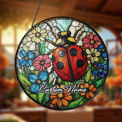 Netecom Personalized Lady Bug Stained Glass Ornament, Custom Memorial Suncatcher, Pet Loss Remembrance Gift, Christmas Decoration