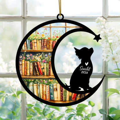Netecom Personalized Chihuahua Suncatcher for Windows Hanging, Custom Dog Sun Catcher Ornament with Name Date, Unique Gifts for Book Lovers, Reader Teacher Librarian Bookworm