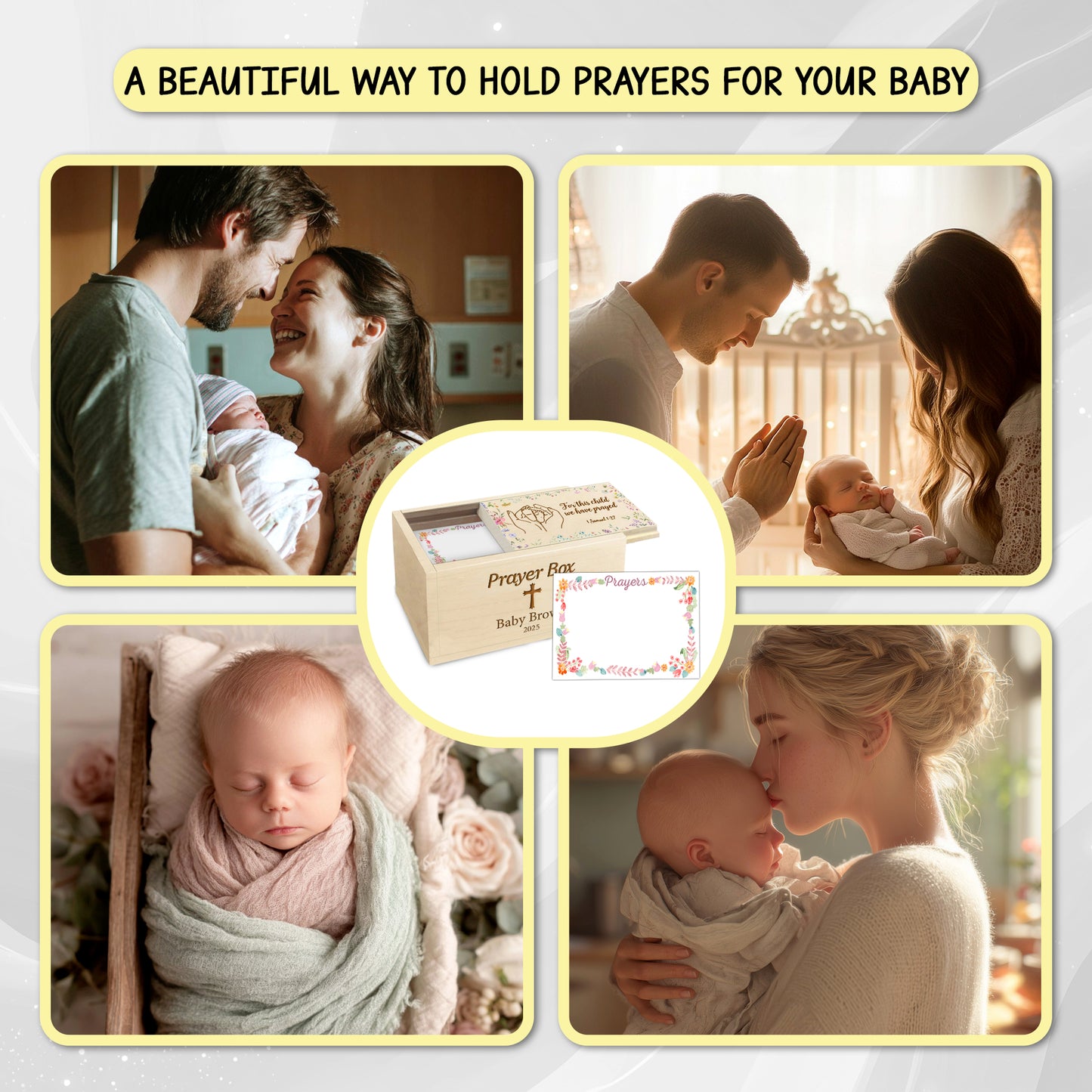 Netecom Personalized Baby Prayer Box with 100 Prayer Request Cards & Handheld Cross – Custom Baby Name & Birth Year, Wooden Christian Gift for Parents