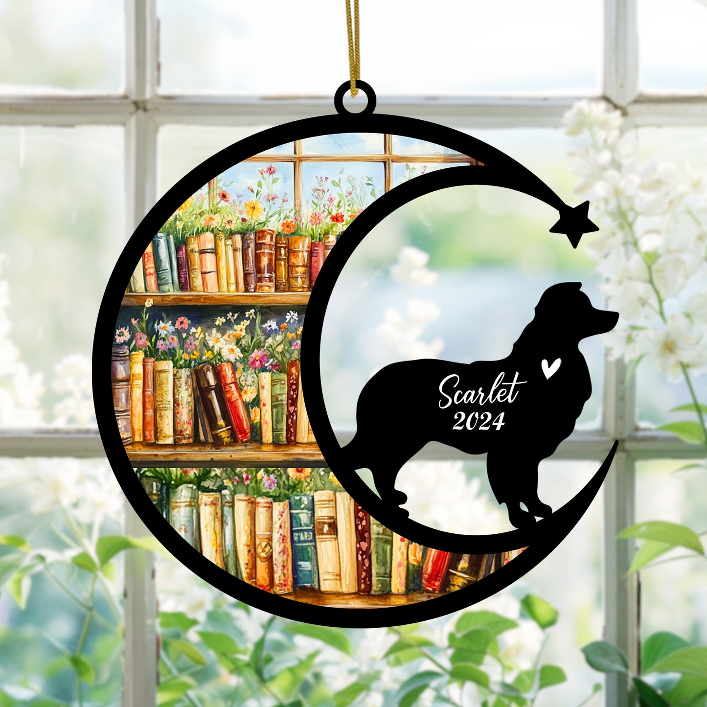 Netecom Personalized Border Collie Suncatcher for Windows Hanging, Custom Dog Sun Catcher Ornament with Name Date, Unique Gifts for Book Lovers, Reader Teacher Librarian Bookworm