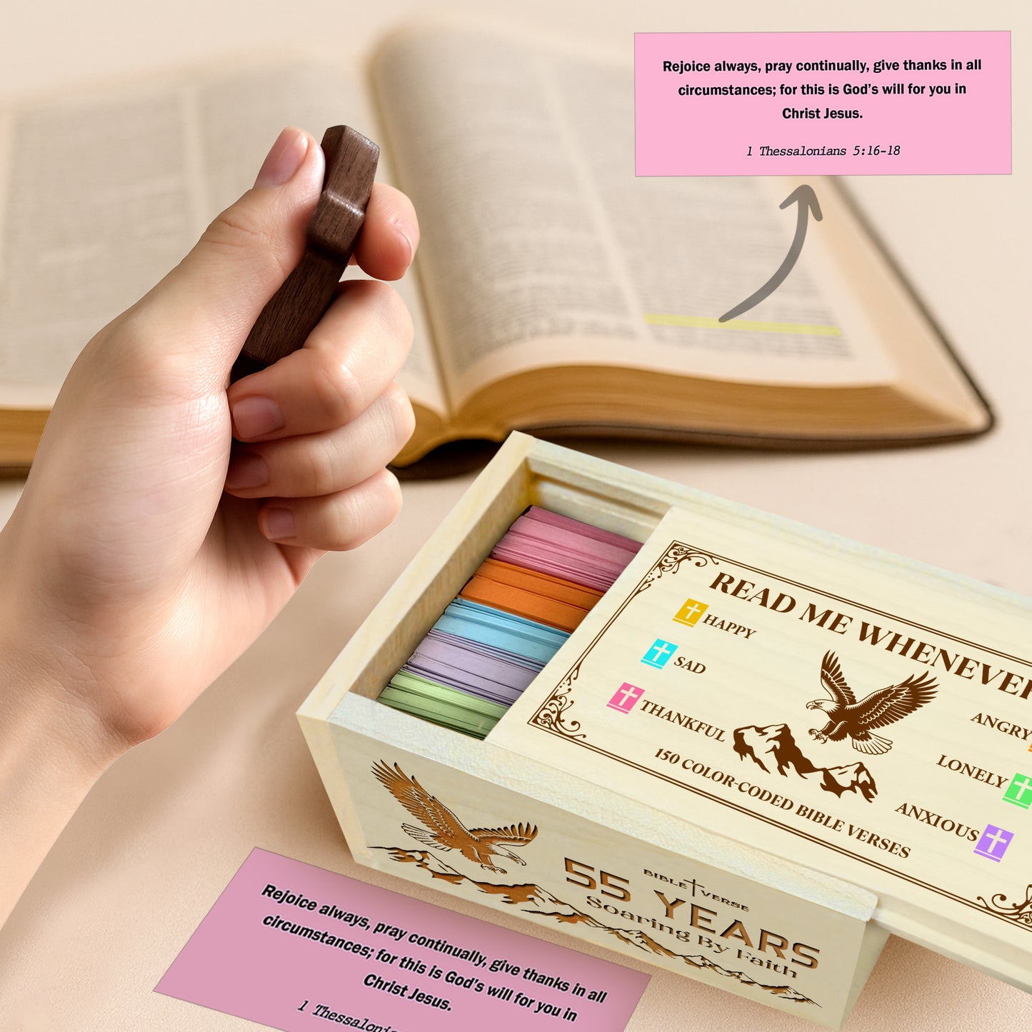 Netecom Personalized Bible Verse Box for 55 Years Birthday, Custom Name & Age, Engraved Wood Scripture Box with Pocket Cross, 150 Daily Bible Verse Cards, Christian Birthday Gift