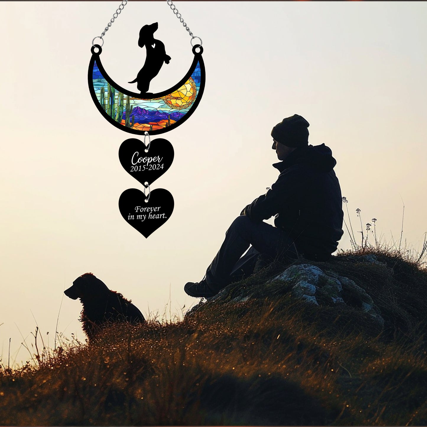 Netecom Personalized Dachshund Moon Heart Memorial Suncatcher, Custom Dachshund Ornament with Name Date, Dog Loss Sympathy Gift, Pet Remembrance Keepsake