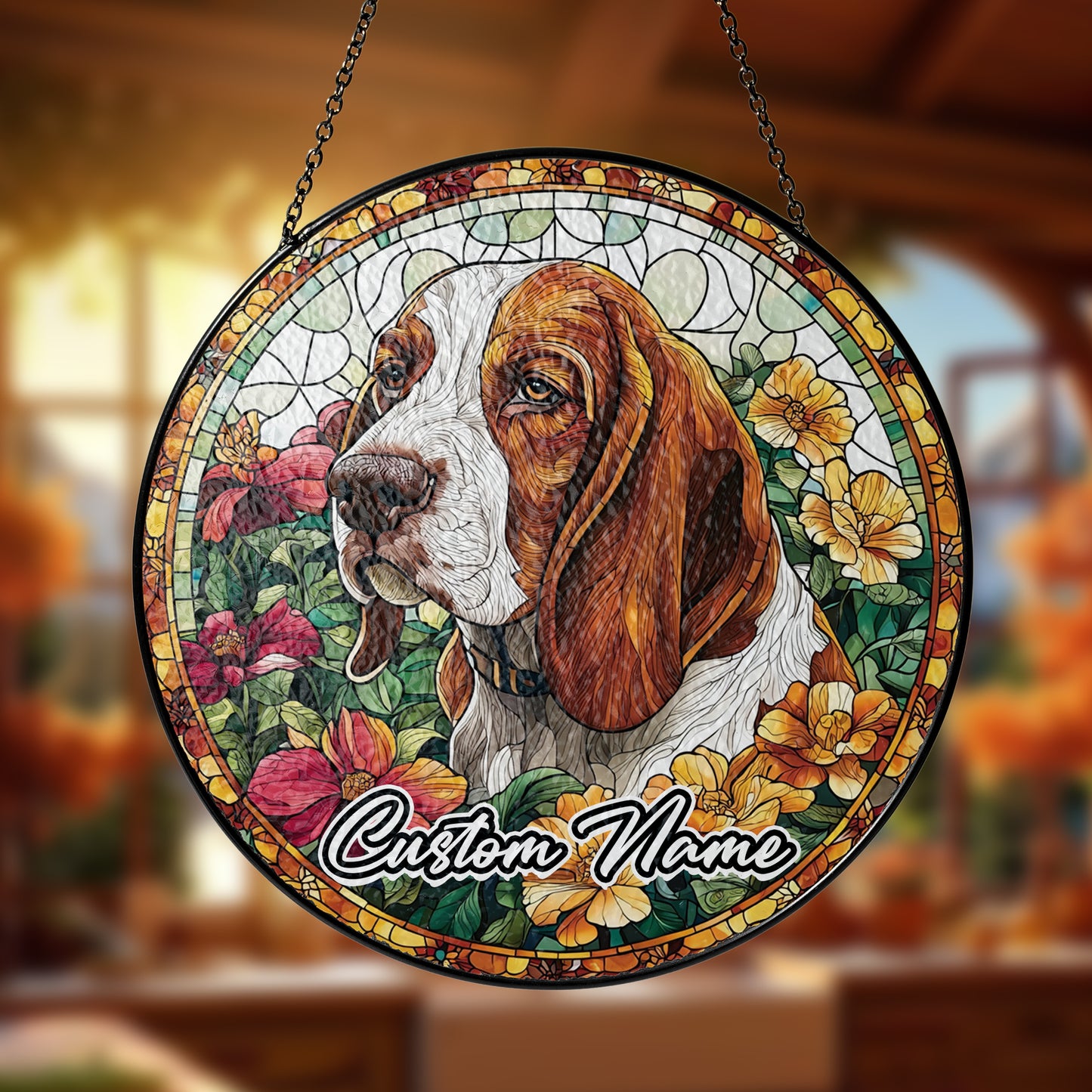 Netecom Custom Basset Hound Dog Stained Glass Ornament, Personalized Memorial Suncatcher, Pet Loss Sympathy Gift, Christmas Decoration