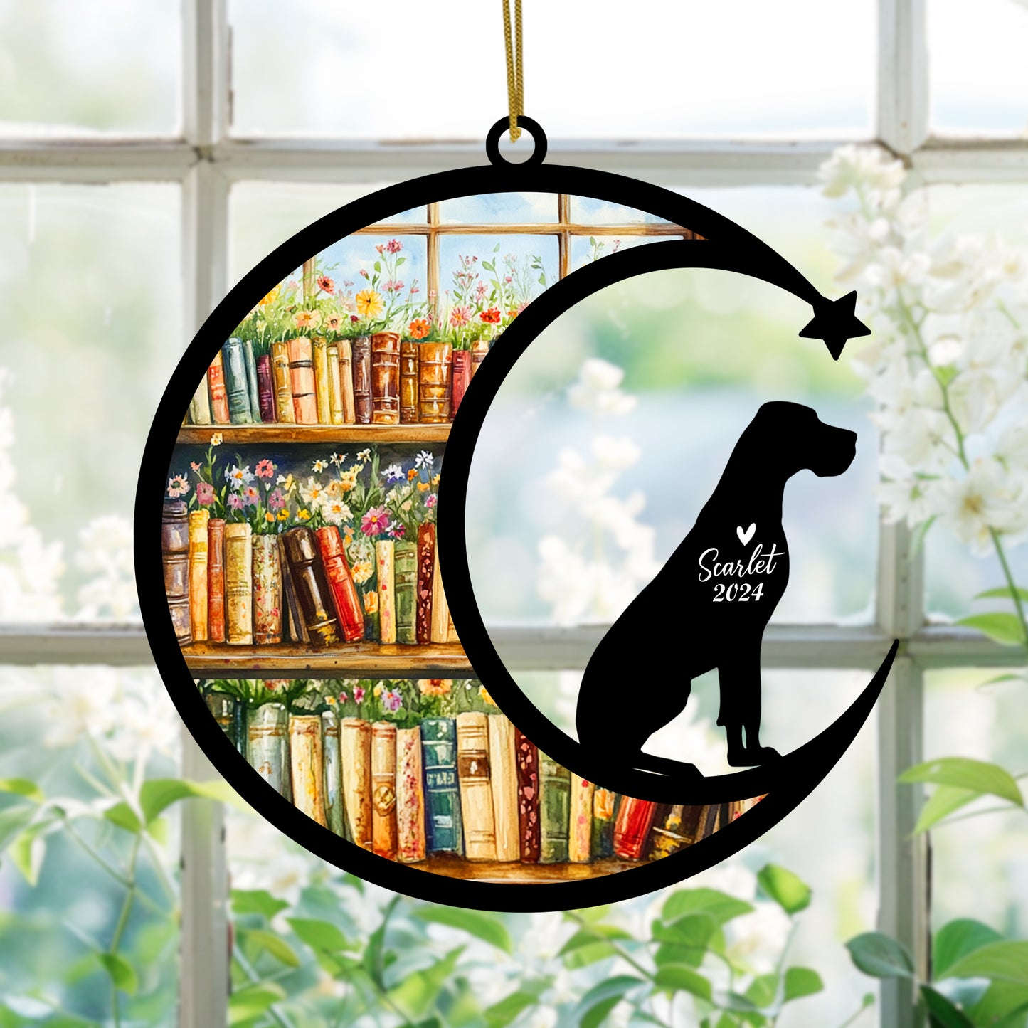 Netecom Personalized Great Dane Suncatcher for Windows Hanging, Custom Dog Sun Catcher Ornament with Name Date, Unique Gifts for Book Lovers, Reader Teacher Librarian Bookworm