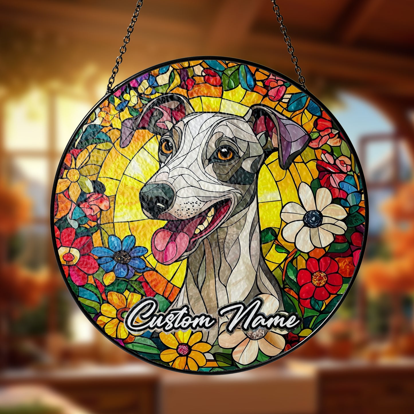 Netecom Custom Whippet Dog Stained Glass Ornament, Personalized Pet Memorial Sun Catcher, Pet Loss Remembrance Gift, Christmas Decoration