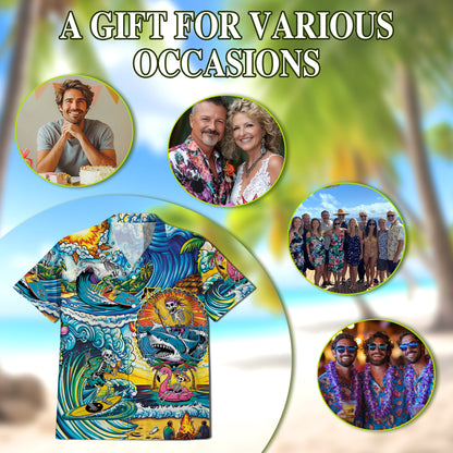 Netecom Funny Surfing Skull Art Hawaiian Shirt for Men Women, Tropical Button Down Summer Beach Short Sleeve Shirts