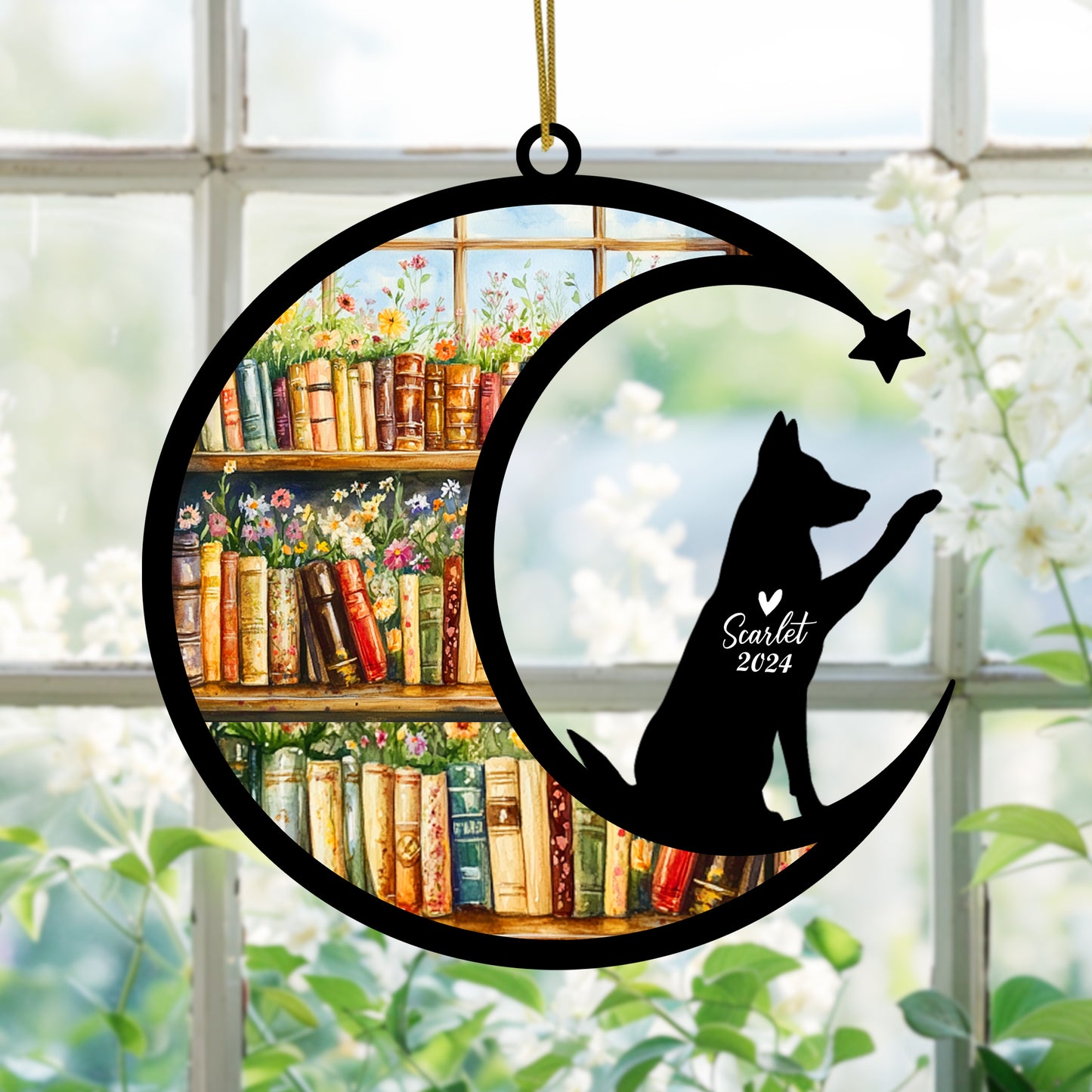 Netecom Personalized German Shepherd Suncatcher for Windows Hanging, Custom Dog Sun Catcher Ornament with Name Date, Unique Gifts for Book Lovers, Reader Teacher Librarian Bookworm