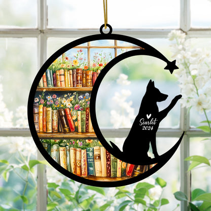 Netecom Personalized German Shepherd Suncatcher for Windows Hanging, Custom Dog Sun Catcher Ornament with Name Date, Unique Gifts for Book Lovers, Reader Teacher Librarian Bookworm