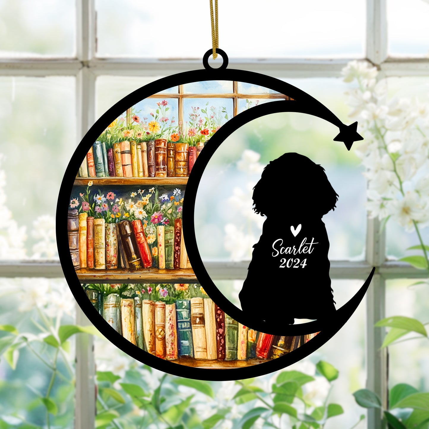 Netecom Personalized Cocker Spaniel Suncatcher for Windows Hanging, Custom Dog Sun Catcher Ornament with Name Date, Unique Gifts for Book Lovers, Reader Teacher Librarian Bookworm