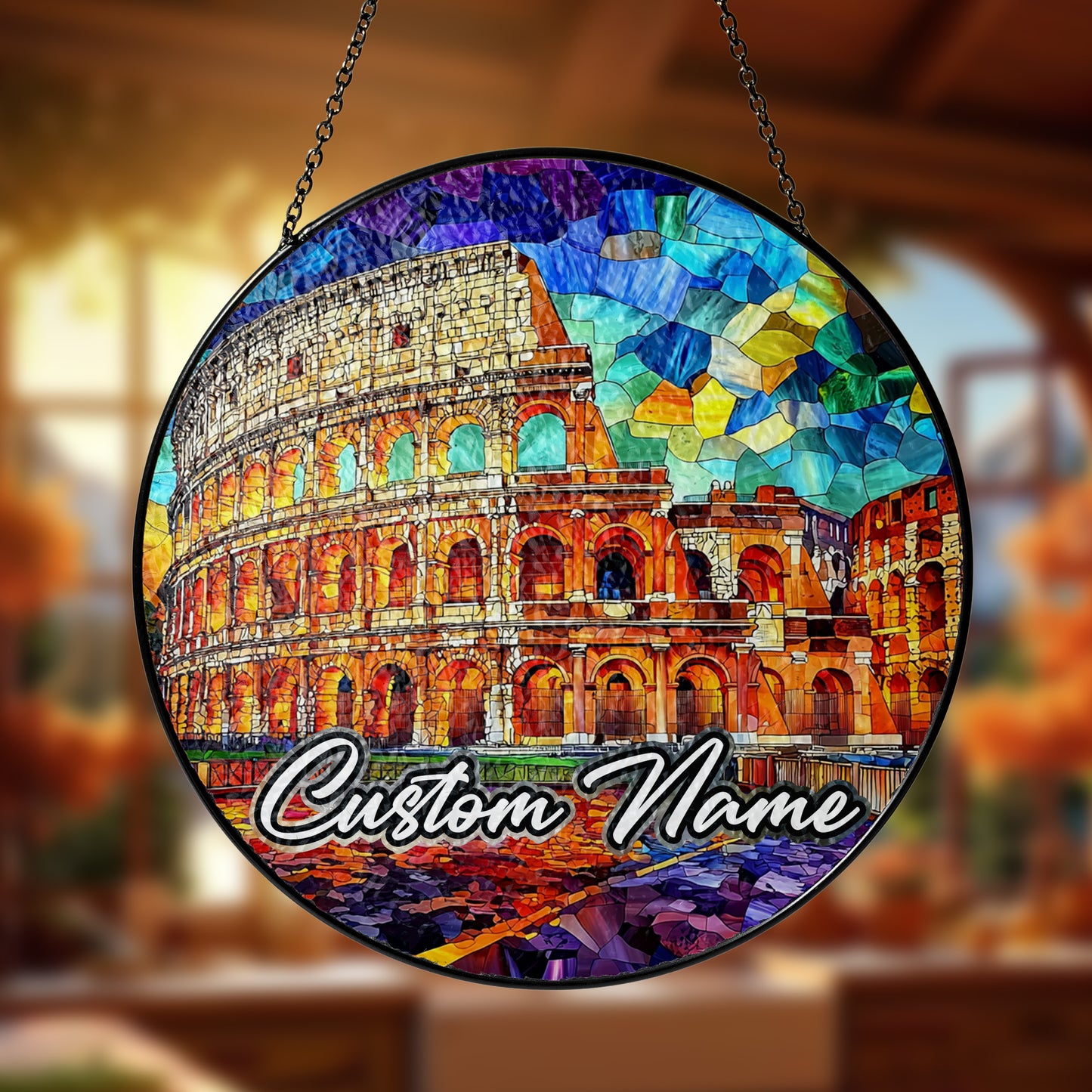 Netecom Italy Landmark Stained Glass Sun Catcher – Colosseum Ornament, Custom Rome Gift for Home & Office Decor