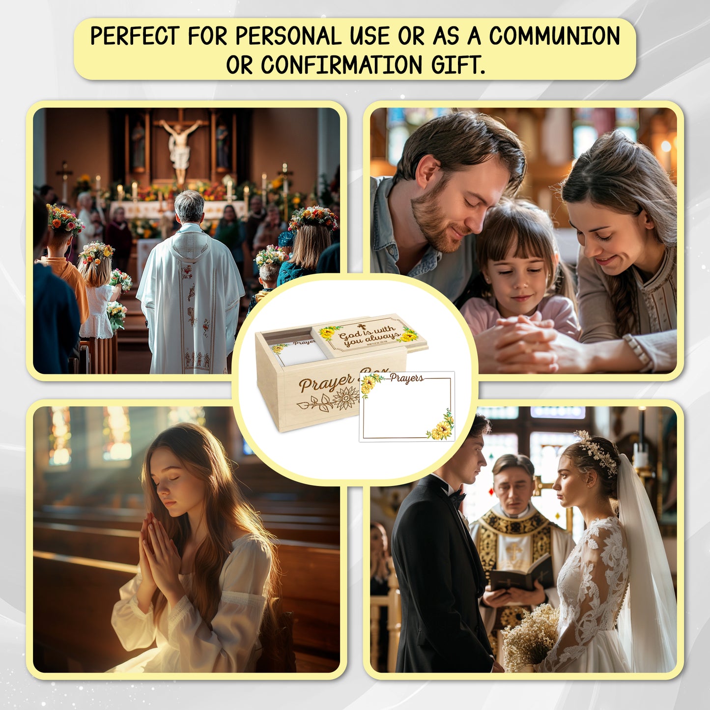 Netecom Wooden Prayer Box with 100 Prayer Request Cards & Hand Cross – Vintage Christian Gift with Sunflowers, Wooden Box for Women & Men