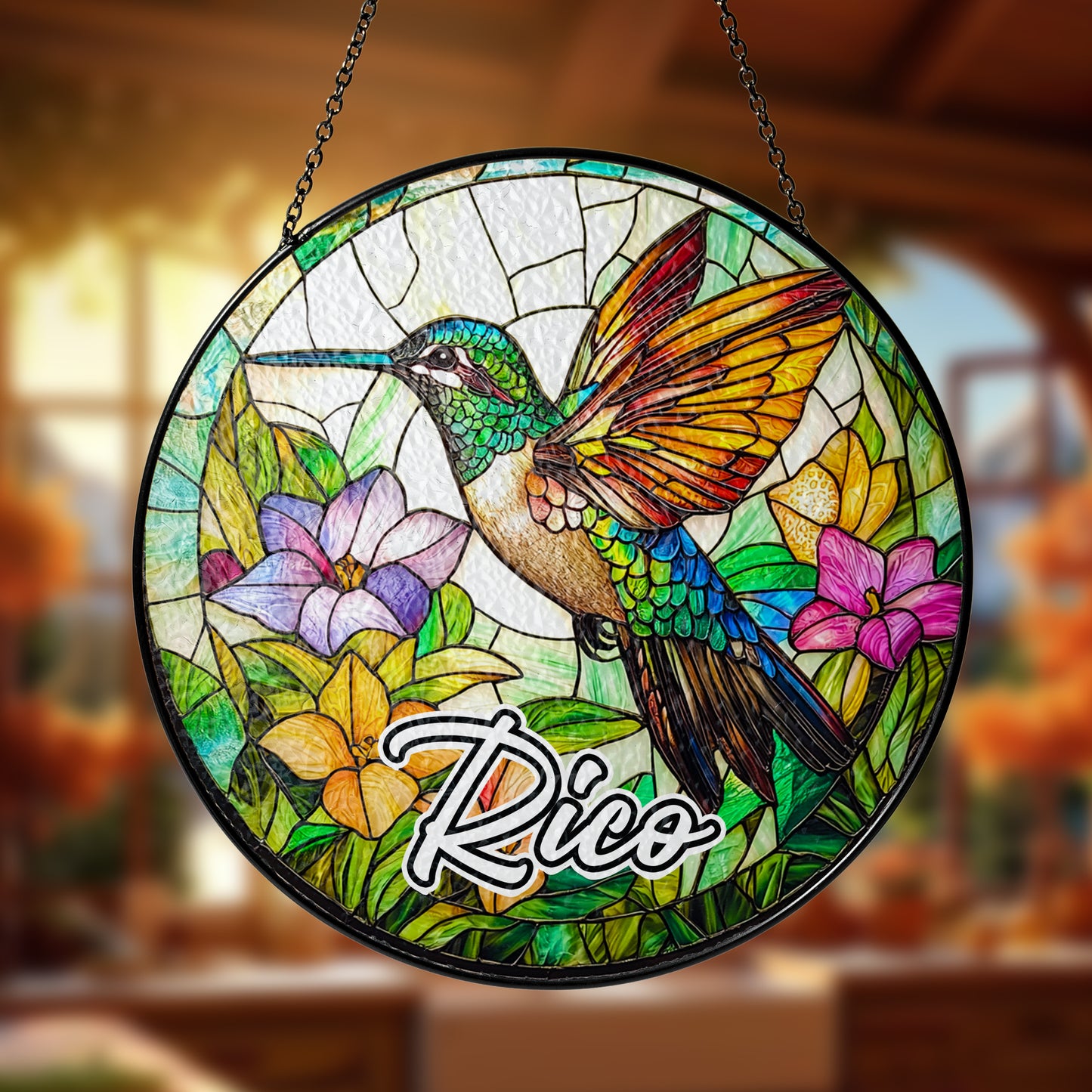 Netecom Personalized Hummingbird Stained Glass Ornament – Custom Flower & Bird Sun Catcher, Nature-Inspired Décor & Gift