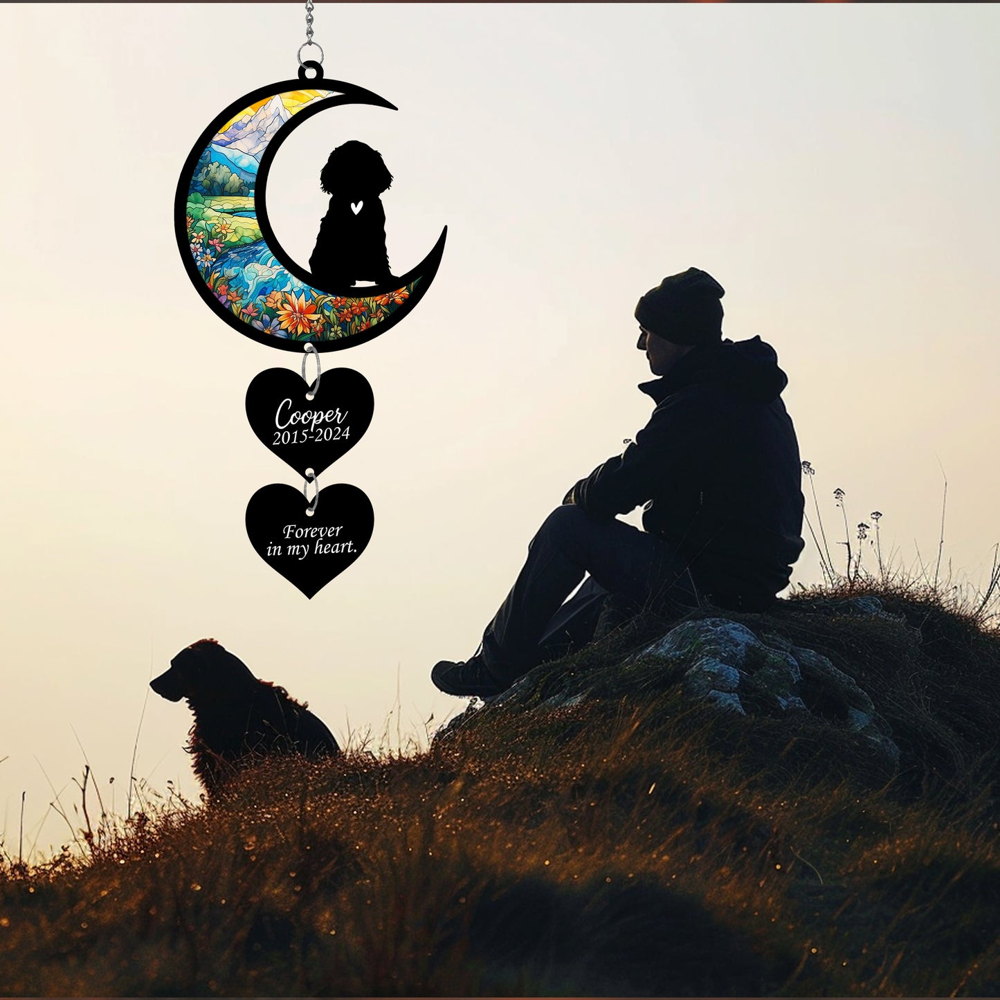 Netecom Personalized Cocker Spaniel Moon Heart Memorial Suncatcher – Dog Loss Remembrance Gift, Forever Loved Ornament