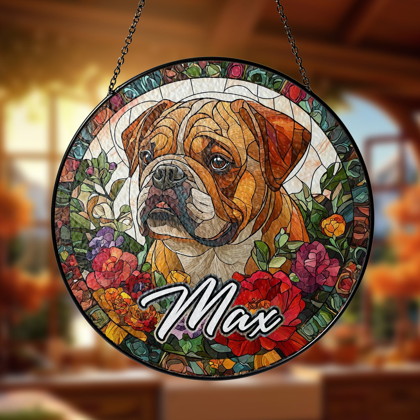 Netecom Custom Bulldog Stained Glass Suncatcher, Personalized Dog Memorial Ornament, Pet Loss Gift, Christmas Window Decoration