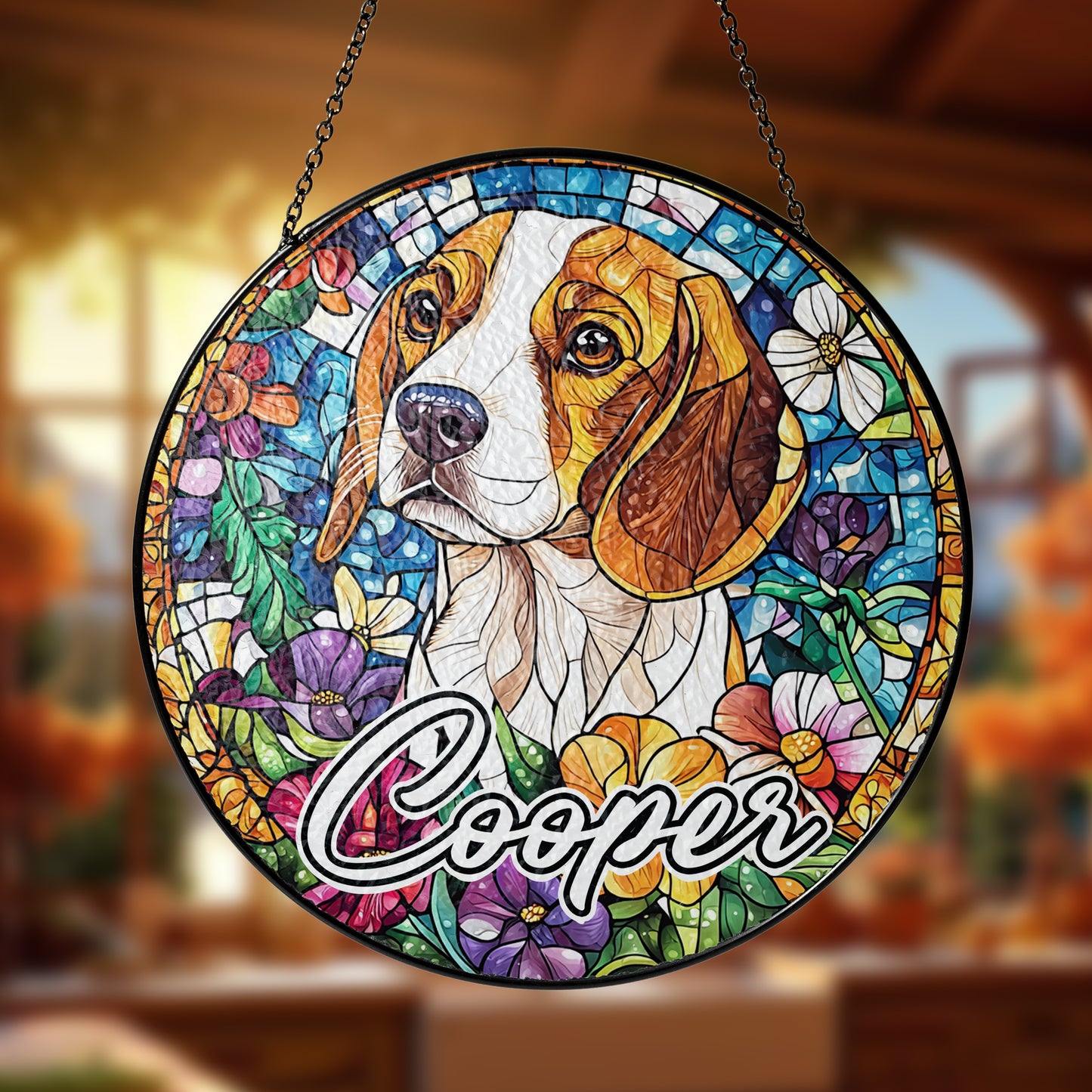 Netecom Personalized Beagle Dog Stained Glass Ornament , Custom Pet Memorial Sun Catcher , Pet Loss Sympathy Gift , Name and Breed Decor