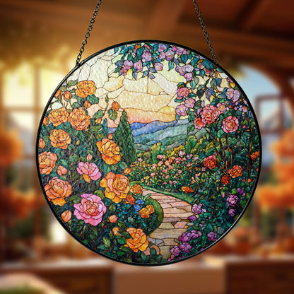 Netecom Rose Garden Stained Glass Ornament – Custom Floral Sun Catcher, Garden Path Decoration and Gift