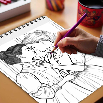 Lesbian Happiness Spiral Bound Coloring Book, Unleash Your Creativity with 30 Charming Pages Filled with Heartfelt Moments of Lesbian Romance and Contentment.