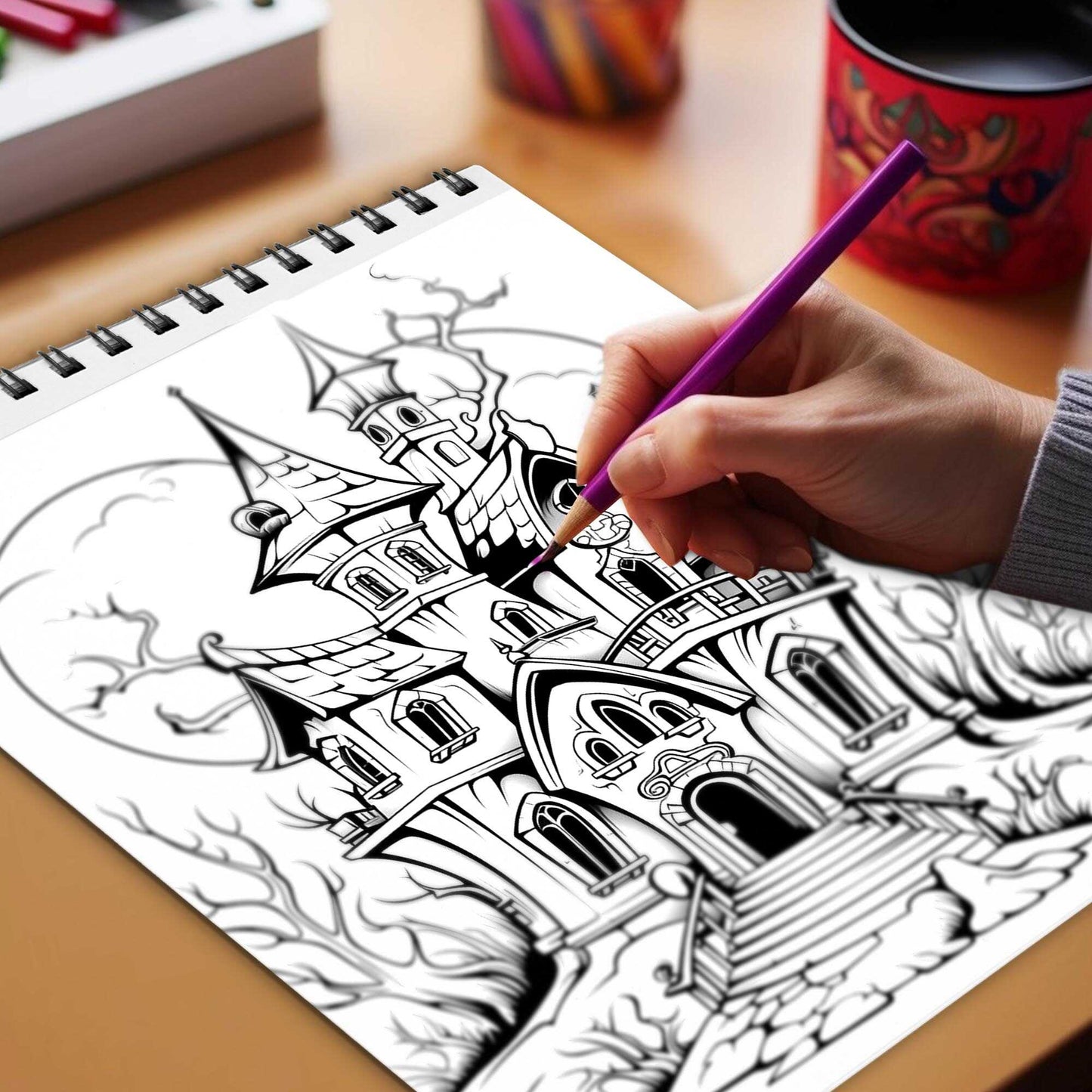 Mysterious House Spiral Bound Coloring Book, Unleash Your Imagination in a Suspenseful Setting with 30 Charming Pages of Enigmatic House Scenes.