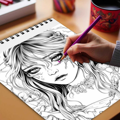 Haunting Glamour Spiral Bound Coloring Book, Face Your Fears with 30 Mesmerizing Coloring Pages of Horror Beauty Girls in Haunting Glamour, Providing Therapeutic Stress Relief