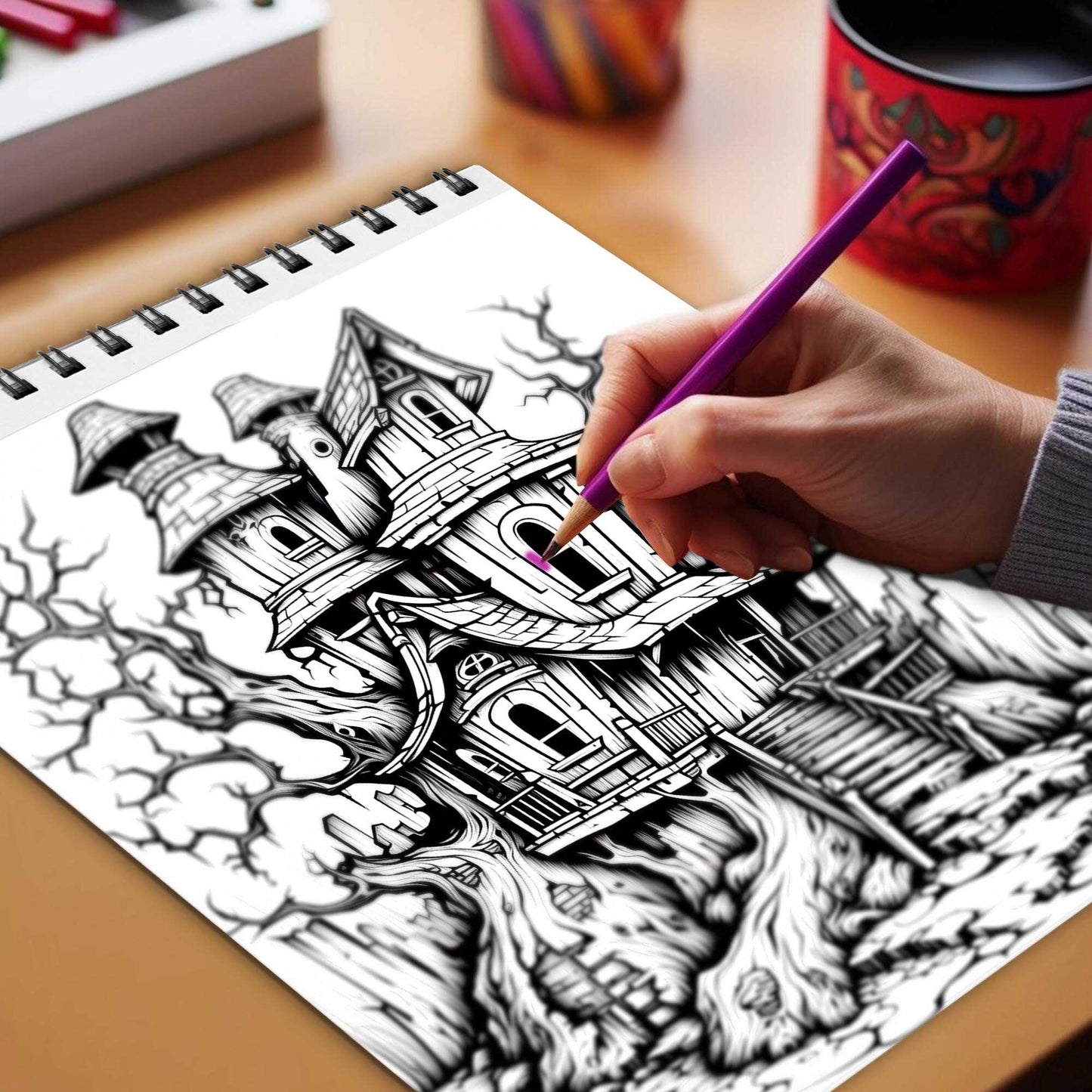 Phantom House Spiral Bound Coloring Book, Embrace the Chill of the Supernatural with 30 Enchanting Pages, Where Phantoms Lurk Around Every Corner.