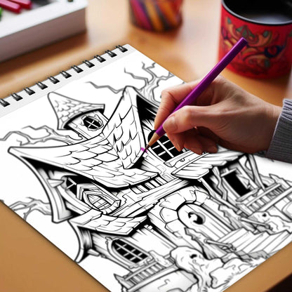 Spooky House Spiral Bound Coloring Book, Unleash Your Imagination in a Spine-Tingling Setting with 30 Charming Pages of Haunting House Scenes.