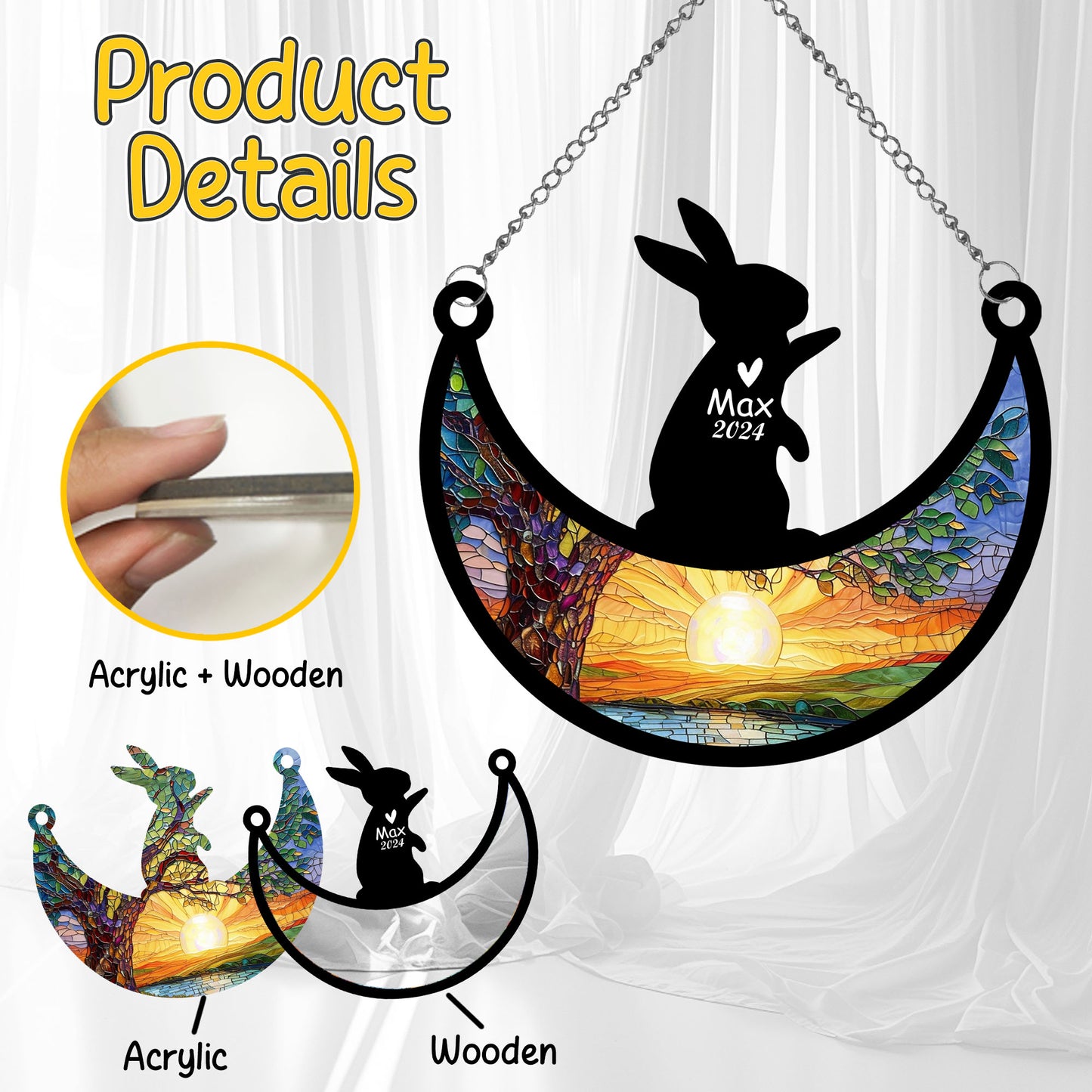Netecom Personalized Rabbit Memorial Suncatcher, Custom Rabbit Ornament with Name Date, Bunny Loss Sympathy Gift, Remembrance Gifts for Pet Loss, Rabbit Grief Gift