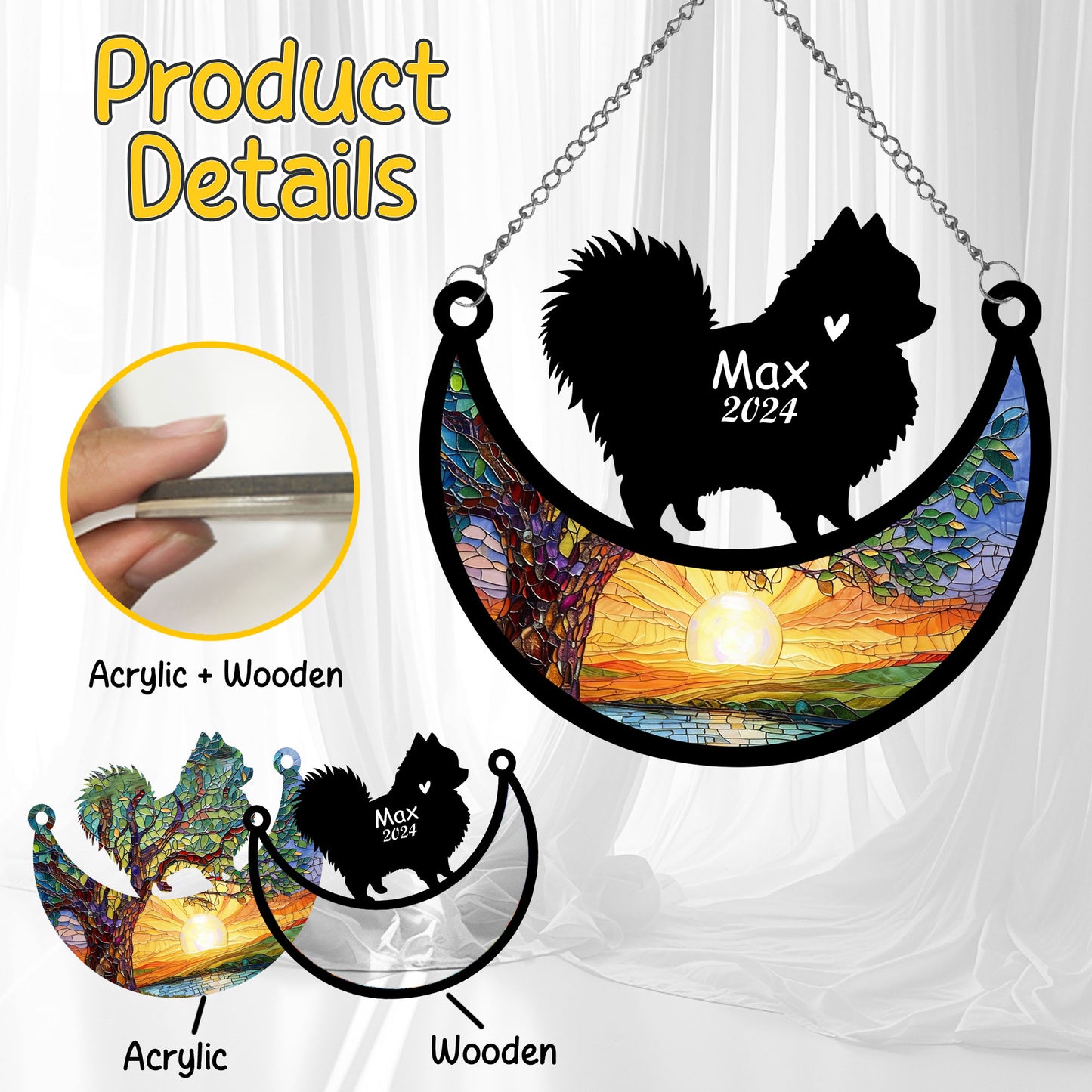 Netecom Personalized Pomeranian Memorial Suncatcher, Custom Pom Dog Ornament with Name Date, Dog Loss Sympathy Gift, Pet Loss Remembrance Gifts, Bereavement Gifts for Loss of Pet, Dog Grief Gift