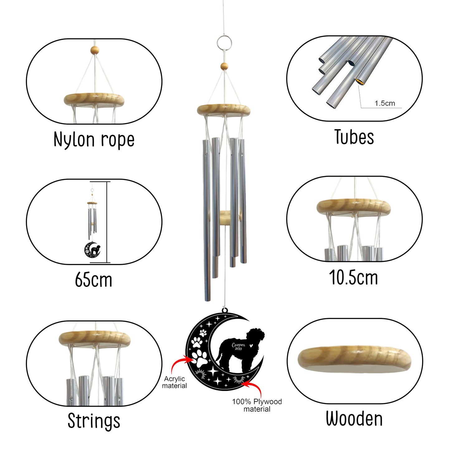 Netecom Labradoodle Dog Wind Chimes Memorial, Personalized Pet Memorial Windchime for Dog Suncatcher, Pet Condolences Gift for Loss of Dog, Remembrance Gift, Sympathy Pet Wind Chimes Outdoor Garden